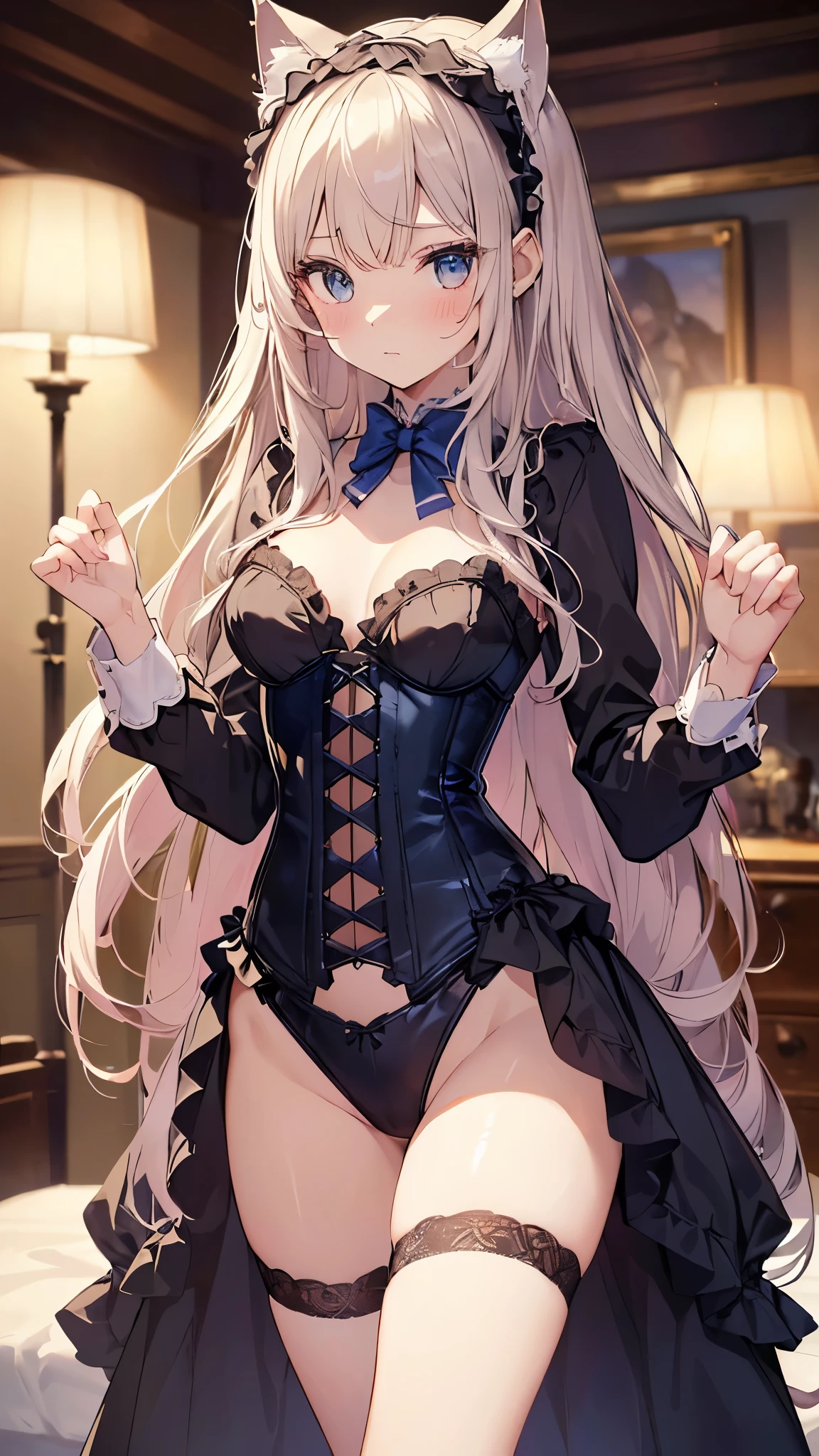 ((4k、8k、top-quality、perfect fingers: 1.3、perfect anatomia: 1.3、Background blur))、(Transformation Sequence)、((a beautiful slender girl、blushing and confused、cat ear、cute big droopy eyes、Two side up straight long hair、 girl、Small breasts))、((Blue butler suit-style leotard：1.1、corsets、long-sleeve、gorgeously decorated headband))、(highleg)、Standing、whole body display、Bedroom in an aristocratic mansion、a bed、