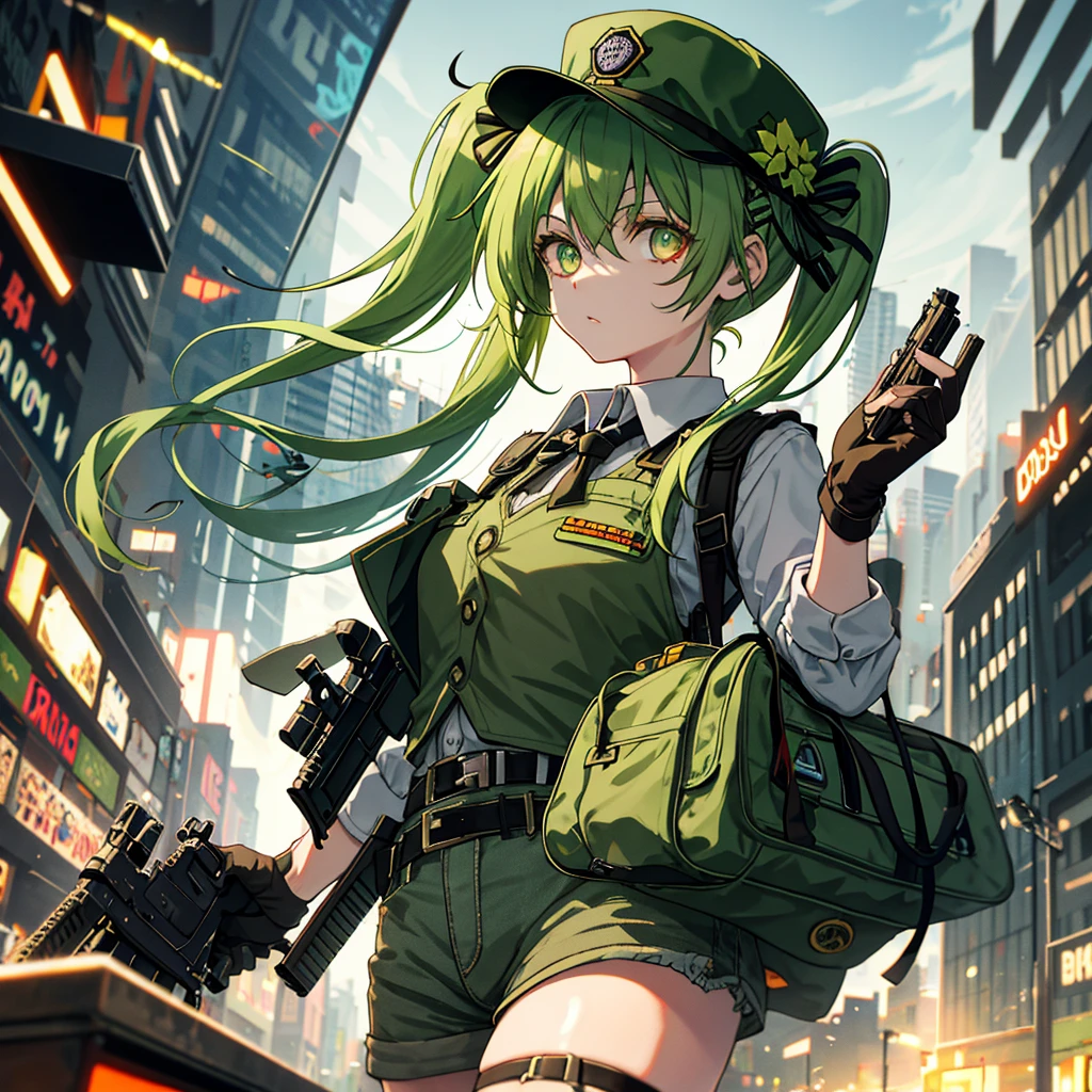 City of Zombies、green hair、girl、gun、pigtails、hat、bulletproof vest