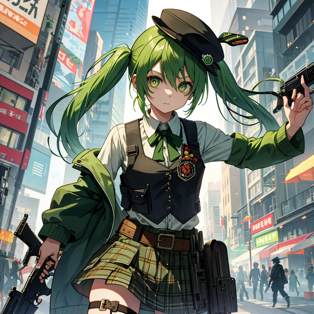 City of Zombies、green hair、girl、gun、pigtails、hat、bulletproof vest