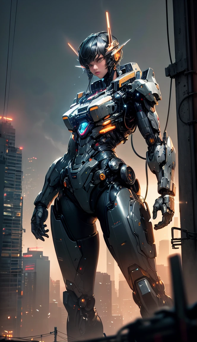 (best quality,4k,highres,masterpiece:1.2),ultra-detailed,realistic:1.37,giant robot,electricity,cityscape,steel,urban environment,stilted,glimmering lights,industrial,technology,mechanical,sci-fi,angular architecture,neon signs,towering skyscrapers,vivid colors,urban sprawl,aerial view,energy consumption,electricity cables humming,clanking metallic joints,powerful hydraulic systems,humans in awe,imposing presence,humongous,crackling energy,transformers,streets teeming with life,dystopian future,massive proportions,huge stride,centralized core,nighttime setting,ominous atmosphere,awe-inspiring,ethereal glow,otherworldly,technological marvels