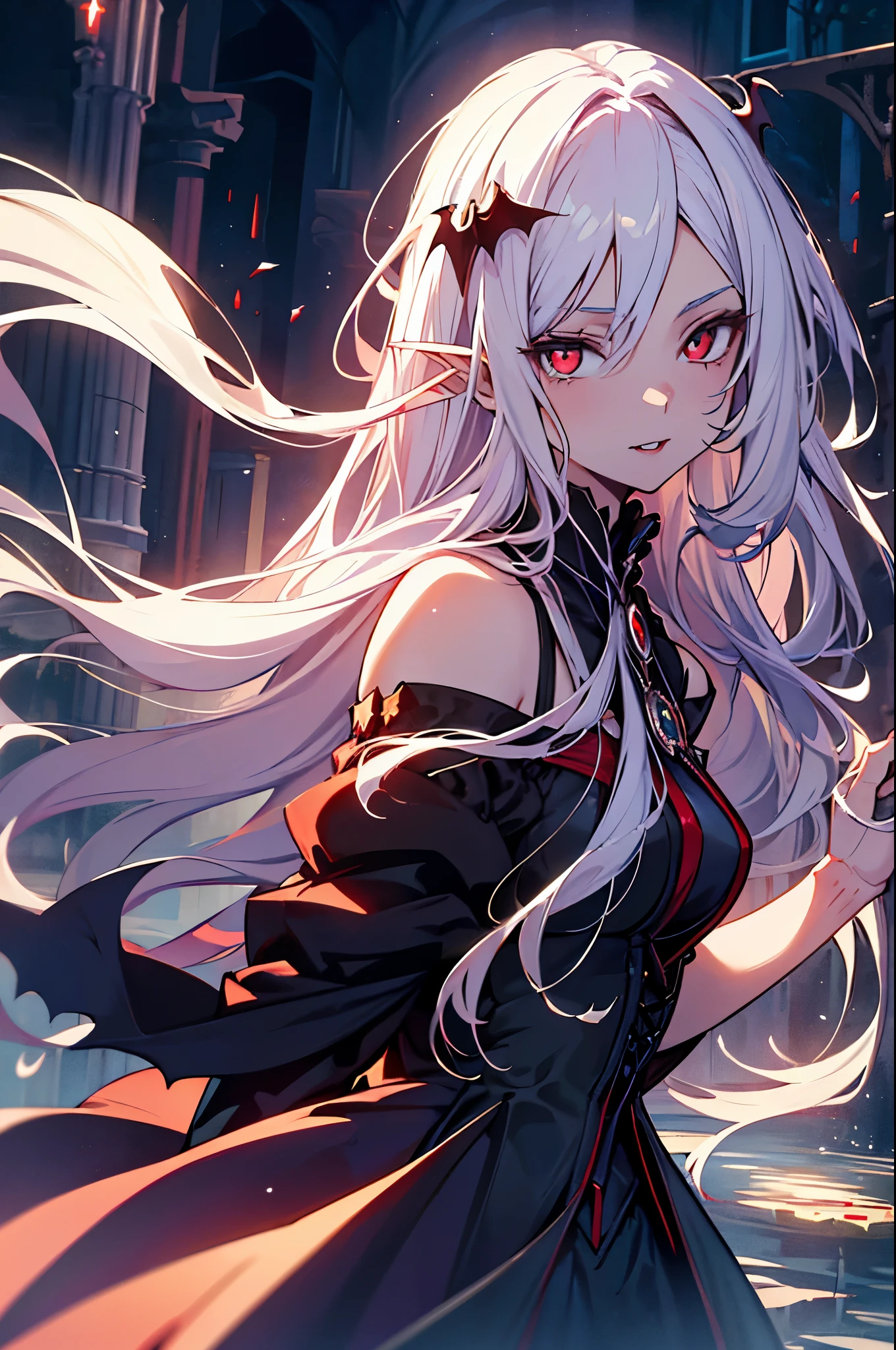 With white hair,beautiful as a fairy,A cute expression that stirs affection,side face,floating hair,light particles,glare,vivid,fancy,dreamlike,a dim atomshpere, ((Vampire Girl)) ((Vampire Princess)) ((Dark Fantasy)) ((Red-Eyes)) ((Mature))