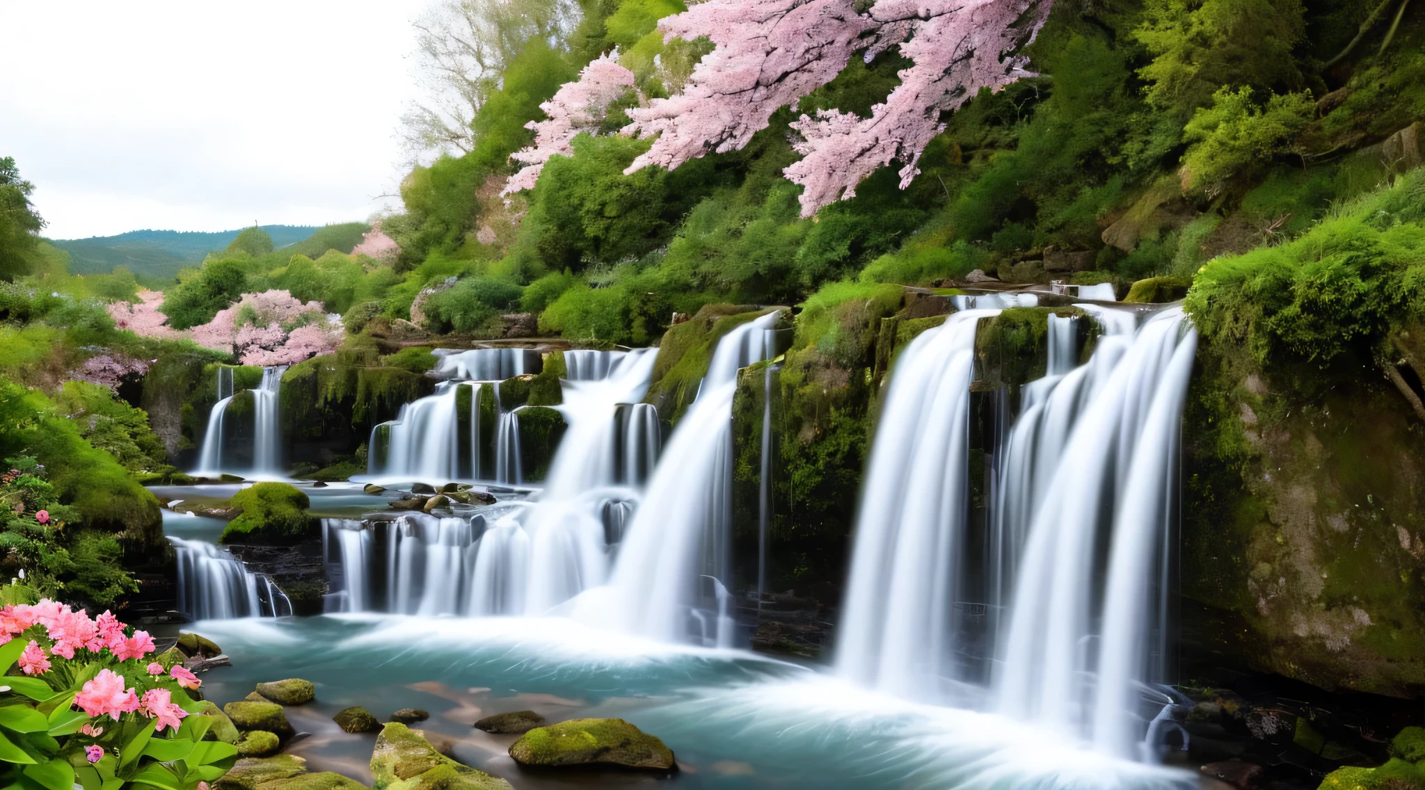 a painting of a cascade with pink flowers and green leaves on the winter with snow white, flowers and cascades, peaceful beau cascade, beau wallpaper, beau stunning cascade, very beau photo, fond d'écran incroyable, beau cascade, cascade background, pink cascades, fond d'écran HD, beaux arrière-plans, cascade(beau, fond d'écran naturel, stunning cascade, fond incroyable, fond d'écran nature animé, beau nature, with trees and cascades