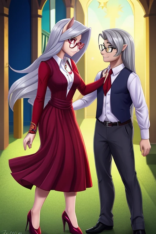(masterpiece), best quality, expressive eyes, perfect face, sexy woman, (white skin), full body, jewelry, ((low heel)s), (dark red dress shirt with sleeves rolled up), (grey pants), (black vest), (glasses) beautiful, loving, long (silver hair), mlp, mlp oc, red eyes, tall, (((1girl))), silver tail, ((tattoo of a chaos star)), Equestria Girls OC, EG OC
