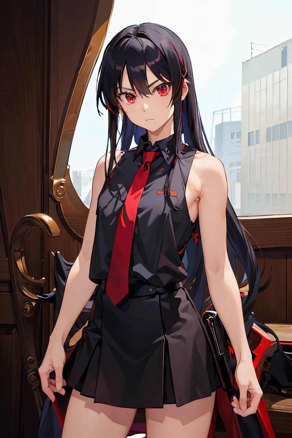 (masterpiece, best quality:1.2), cowboy shot, solo, 1girl, akame \(akame ga kill!\), expressionless, closed mouth, looking at viewer, black sleeveless shirt, red necktie, black skirt