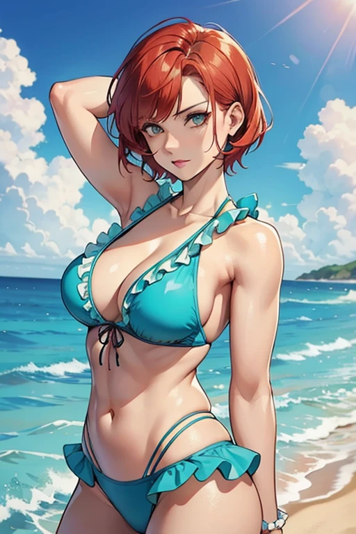 Woman warrior,Ruffled swimwear,Turquoise color,redhead,woman,20s,short hair,cute expression,large physique,muscular