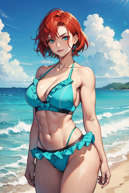 Woman warrior,Ruffled swimwear,Turquoise color,redhead,woman,20s,short hair,cute expression,large physique,muscular