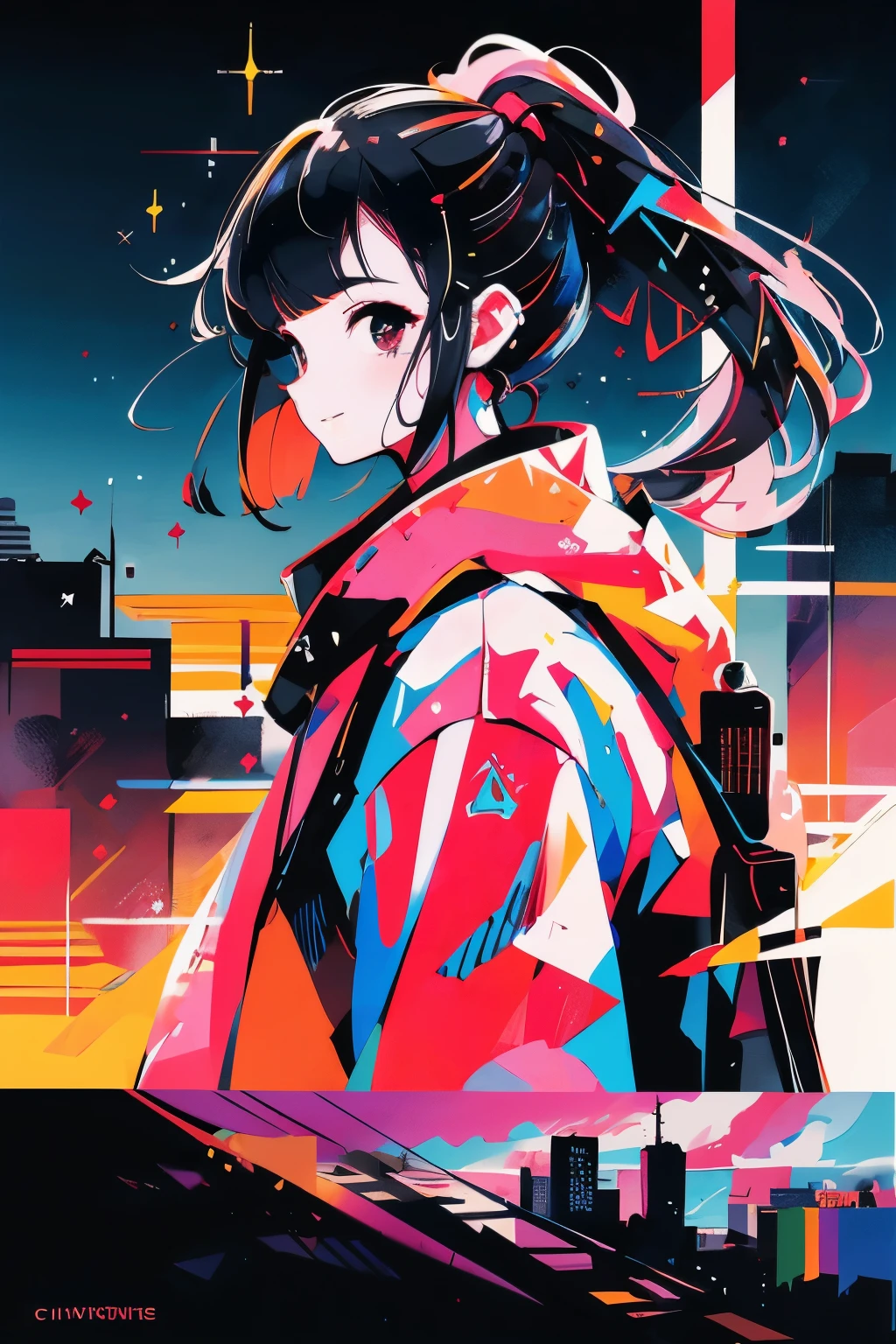 mulher de cabelos pretos estilo cyberpunk, cidade de fundo de noite, low ponytail, hair flower, dashed eyes, nervous smile, Action painting, cinematic lighting, sparkle, anatomically correct, masterpiece, high quality, high details, best quality