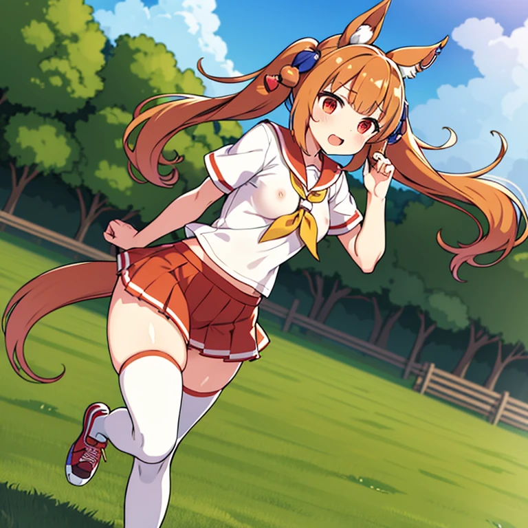 Uma Musume,original,ribbon on right ear,chestnut hair,red eye,long twintails,young face,Sailor suit style,horse tail,short skirt,running shoes,Racecourse,naked,show nipples