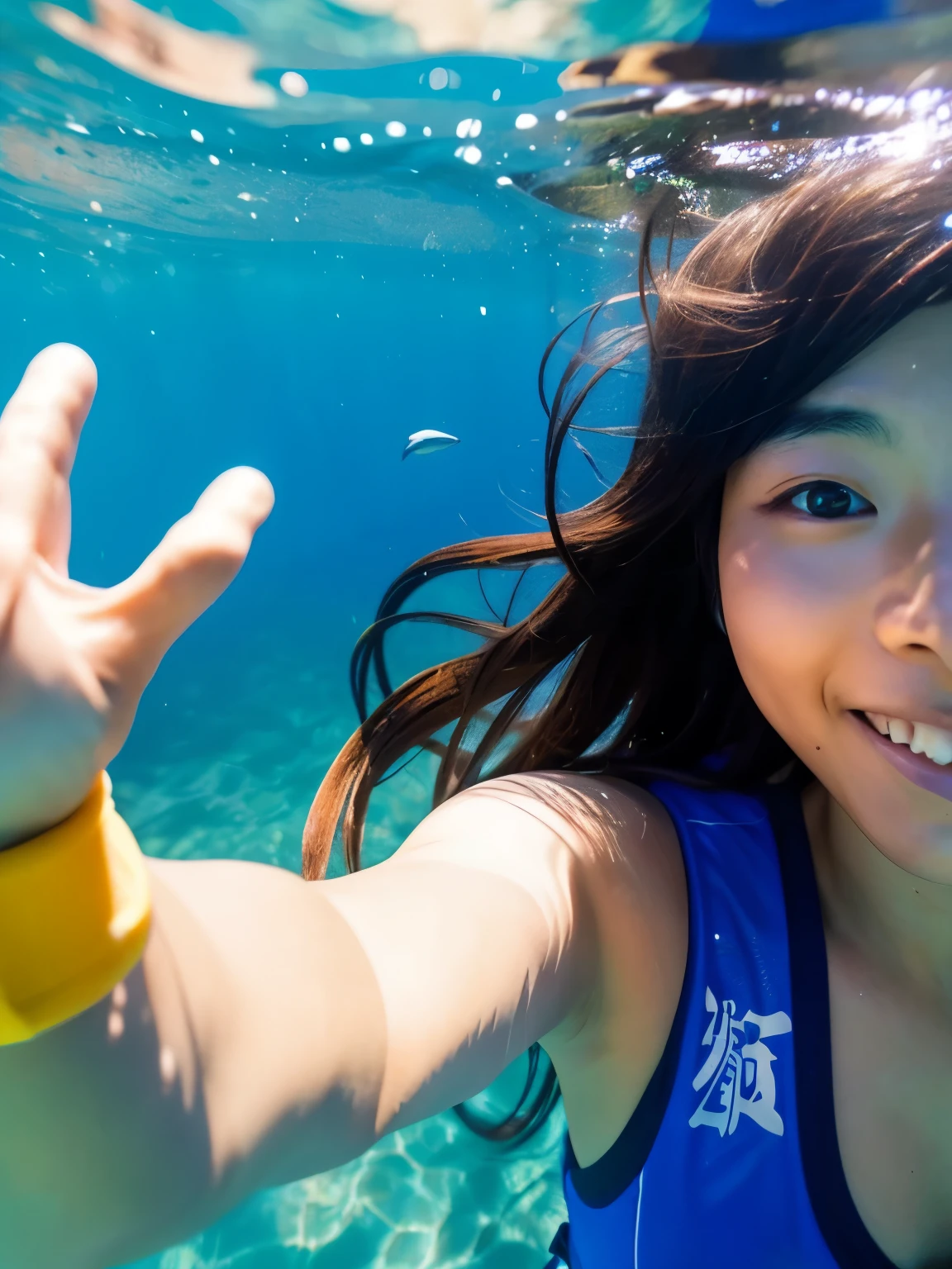 dynamic angle, (close up face), ultra detailed beautiful photograph, In a pristine spring in the forest, a girl is swimming joyfully. Her smile shines like the surface of the water reflecting the sunlight. The spring water is clear, and colorful stones can be seen at the bottom. She swims freely in the spring, splashing water around. It’s as if she has become one with nature.