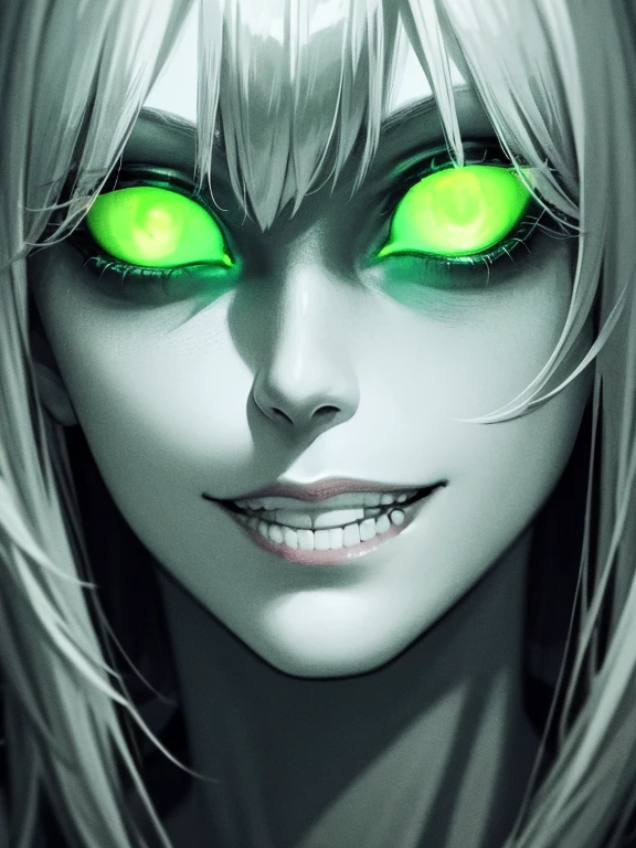 1 lady , night hunter, glowing green eyes, night, creepy smile, scary, close up
hard lighting, Best quality, difficult, very detailed, masterpiece,