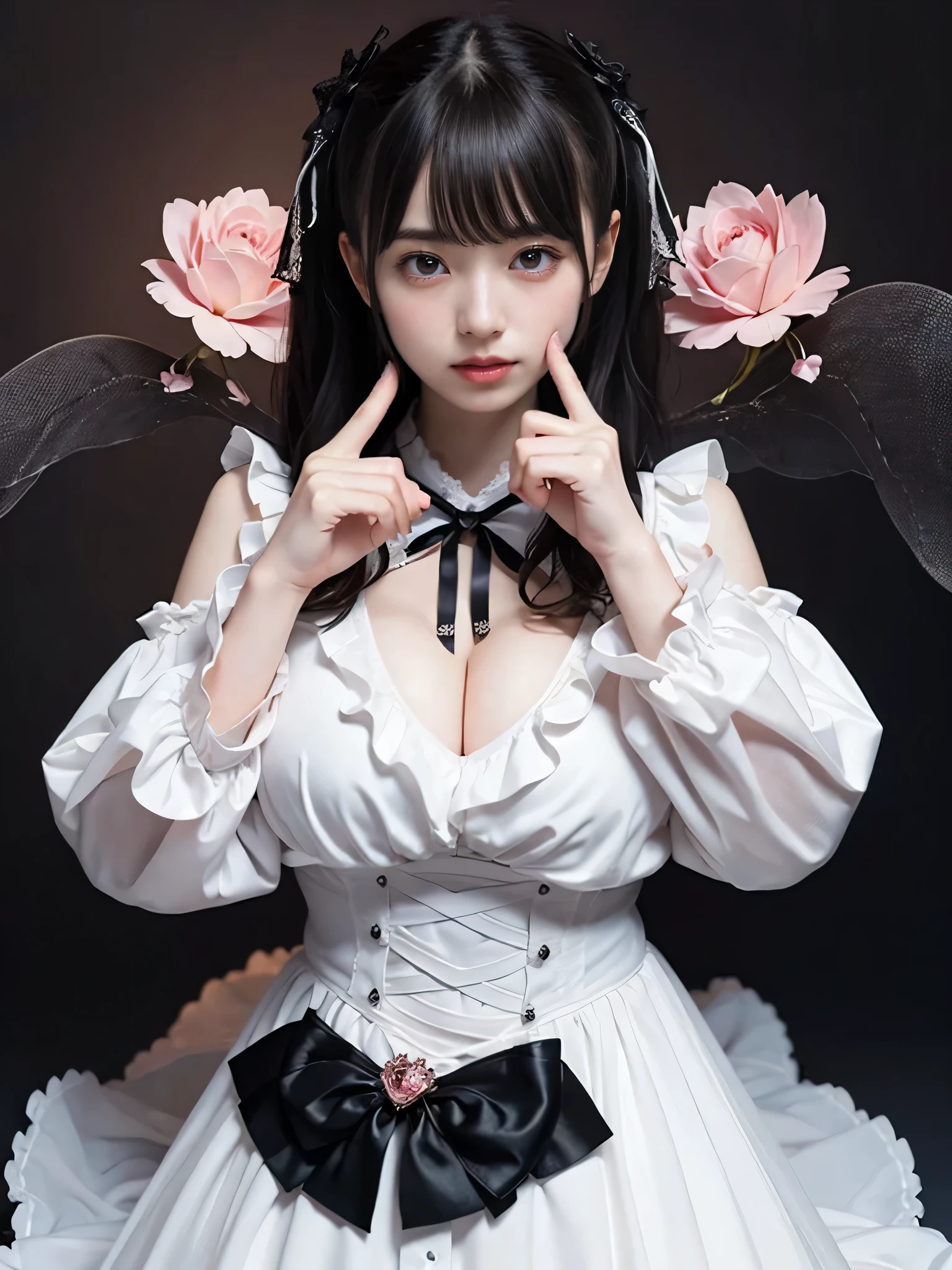Nogizaka 1、very cute、20 year old beautiful girl、、(gothic loli fashion)、((Wraps the entire foot up to the shin。:1.1))、((Are standing:1.1)),Exquisite, detailed, and beautiful face, eyes, and skin、fine black hair、Classy ruffles、frilled tie、Ribbon tie、rose hair accessories、big breasts、heavy chest、（sexy pose）、dynamic pose,(big breasts)、(cleavage)、smile at the camera、whole body、european castle landscape、chest focus、professional lighting、(real、photorealistic:1.37)、incredibly stupid、(insanely detailed:1.3)、 8k、(masterpiece)、(highest quality:1.4)、(ultra high resolution:1.2)、(RAW photo:1.2)、(delicate lace、soft fabric、beautiful rose pattern dress)、perfect anatomy、4 fingers and 1 thumb、super detailed background、(Unity 8k wallpaper)