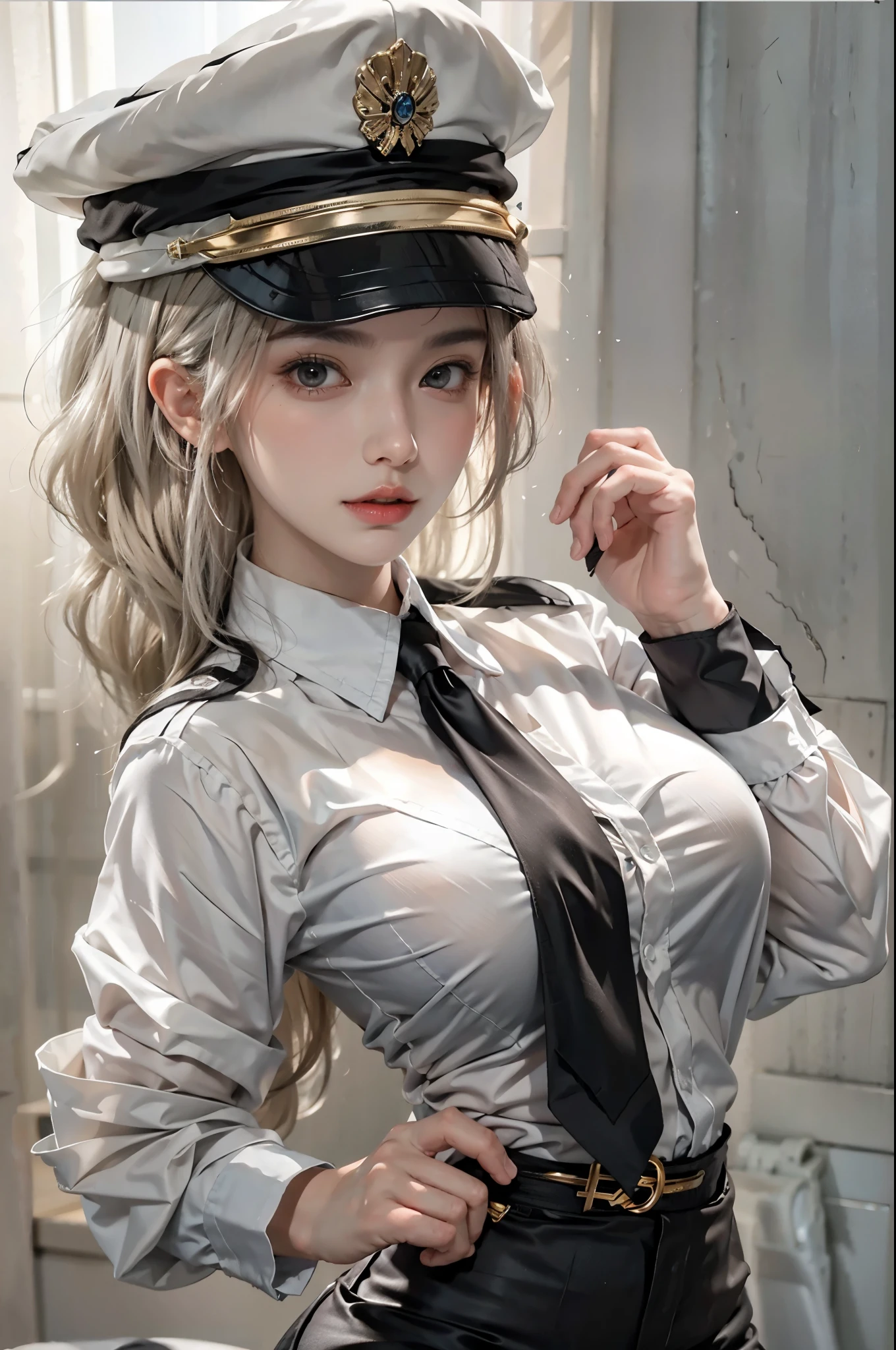 realistic, High resolution, soft light,1 female, alone, hip up, glowing skin, (detailed face),tattoo, jewelry, Secretarial Uniform, white shirt, black skirt, black stockings, garter belt, night, blonde hair, wavy hair, Beautiful Soldier, Eyes that invite the viewer, lover's perspective, an inviting look, y smile, perfect style, perfect balance, fine skin, naughty look, I can see your chest