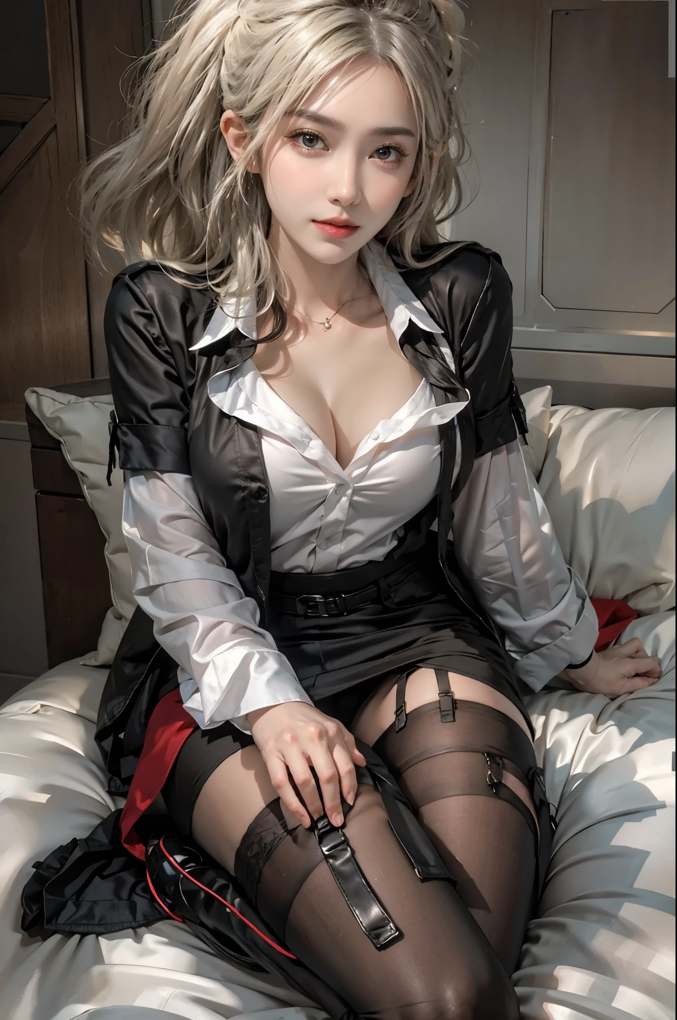 realistic, High resolution, soft light,1 female, alone, hip up, glowing skin, (detailed face),tattoo, jewelry, Secretarial Uniform, white shirt, black skirt, black stockings, garter belt, night, blonde hair, wavy hair, Beautiful Soldier, Eyes that invite the viewer, lover&#39;s perspective, an inviting look, sexy smile, perfect style, perfect balance, fine skin, naughty look, I can see your chest