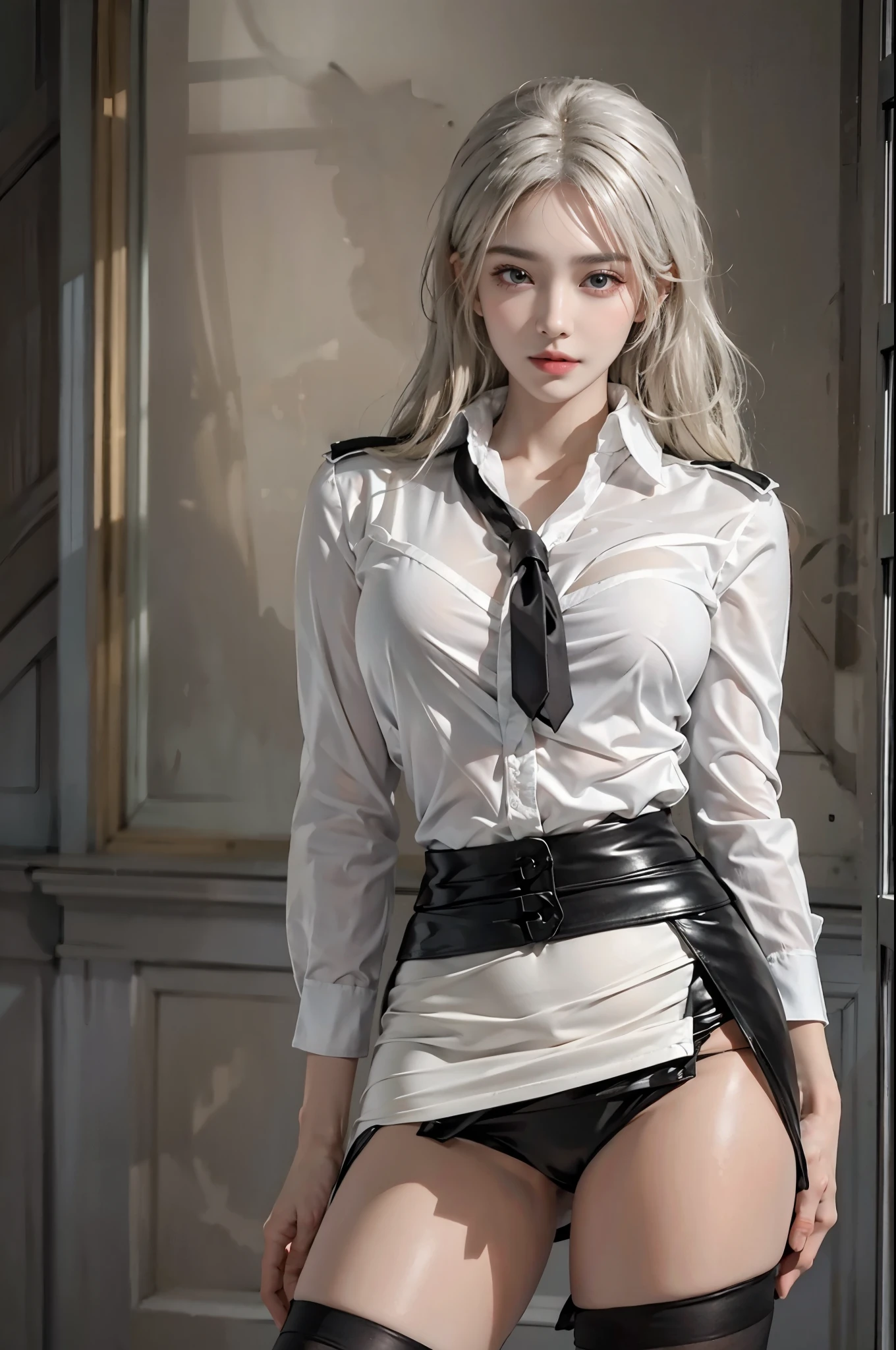 realistic, High resolution, soft light,1 female, alone, hip up, glowing skin, (detailed face),tattoo, jewelry, Secretarial Uniform, white shirt, black skirt, black stockings, garter belt, night, blonde hair, wavy hair, Beautiful Soldier, Eyes that invite the viewer, lover's perspective, an inviting look, sexy smile, perfect style, perfect balance, fine skin, naughty look, I can see your chest