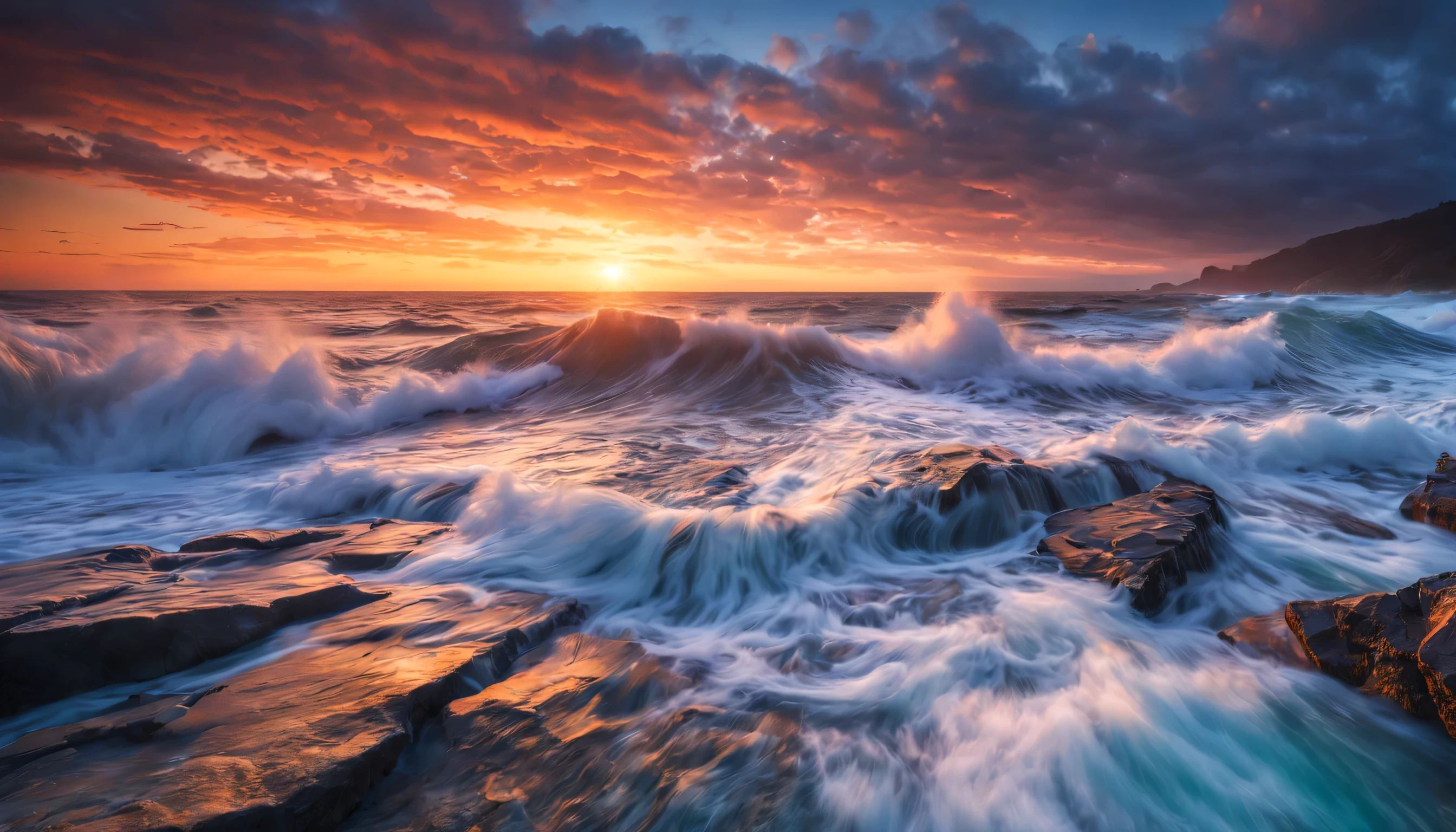 arafed view of a dawn over the blue ocean with waves crashing, chaotic sea setting, breathtaking colors, breathtaking look, breathtaking composition, beautiful sea landscapes, stunning dawn, magnificent background, dawn glow, beautiful background, beautiful dreamy breathtaking, marc adamus, warm beautiful scene, epic dawn, beautiful dawn, beautiful dawn glow, beautiful blue ocean
