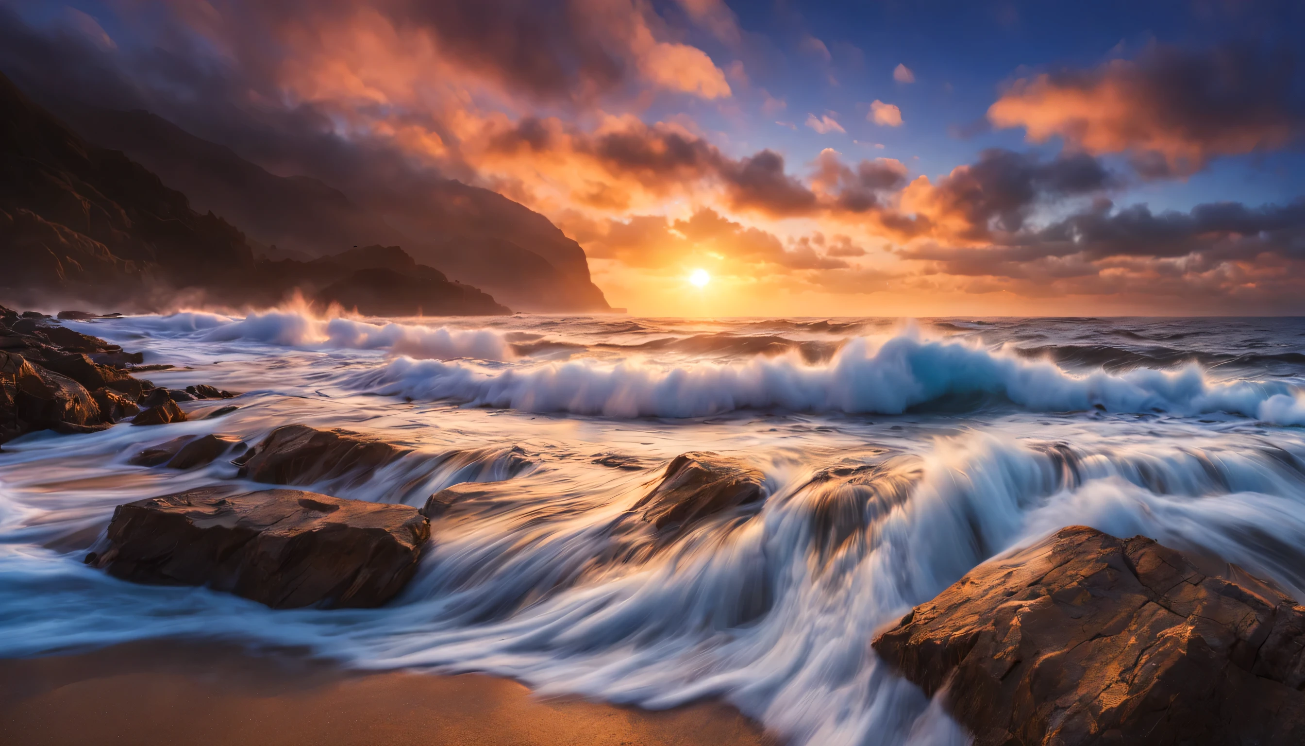 arafed view of a dawn over the blue ocean with waves crashing, chaotic sea setting, breathtaking colors, breathtaking look, breathtaking composition, beautiful sea landscapes, stunning dawn, magnificent background, dawn glow, beautiful background, beautiful dreamy breathtaking, marc adamus, warm beautiful scene, epic dawn, beautiful dawn, beautiful dawn glow, beautiful blue ocean