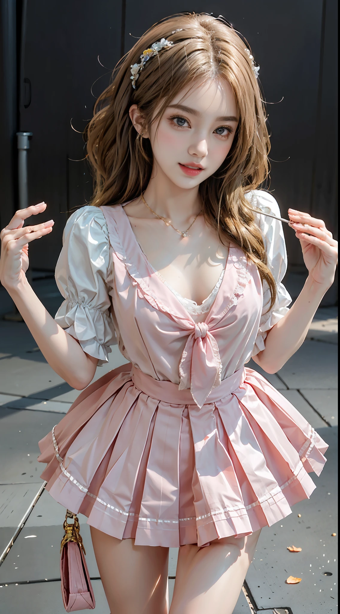 pleated skirt,pink skirt,pink sailor collar, ((full body)), ((leaning forward)), (上身前倾, 弯腰), ((from above)), ((realistic)), 1girll, posed for photo, Outdoor scene, the night, lamplight, Stand up, Pleasing posture, Eye-catching poses, pretty legs, looking at viewert, Detailed scenes, curlies, Air bangs, Beautiful hair accessories, Brownish-yellow hair, light make-up, Blushlush, Gloss on lips, (Campus style), warm lights, a warm color palette, Detailed details, 超詳細, (tmasterpiece, best qualtiy), (An extremely delicate and beautiful work), Delicate earrings, Delicate necklace, Simple blurred background, Extreme detail description, Ultra-fine painting, Delicate face, slim toned body, Slimming the waist, (grin, happy grin, Baring teeth), (anatomy correct)