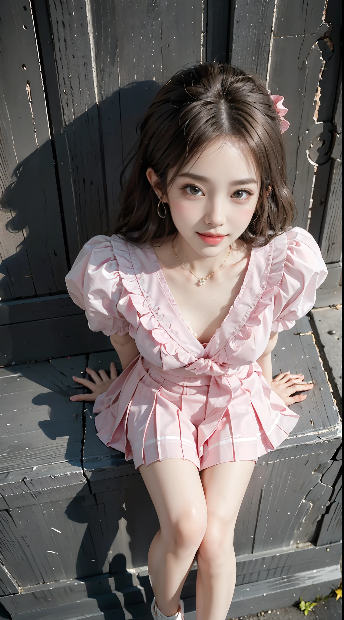 pleated skirt,pink skirt,pink sailor collar, ((full body)), ((leaning forward)), (上身前倾, 弯腰), ((from above)), ((realistic)), 1girll, posed for photo, Outdoor scene, the night, lamplight, Stand up, Pleasing posture, Eye-catching poses, pretty legs, looking at viewert, Detailed scenes, curlies, Air bangs, Beautiful hair accessories, Brownish-yellow hair, light make-up, Blushlush, Gloss on lips, (Campus style), warm lights, a warm color palette, Detailed details, 超詳細, (tmasterpiece, best qualtiy), (An extremely delicate and beautiful work), Delicate earrings, Delicate necklace, Simple blurred background, Extreme detail description, Ultra-fine painting, Delicate face, slim toned body, Slimming the waist, (grin, happy grin, Baring teeth), (anatomy correct)