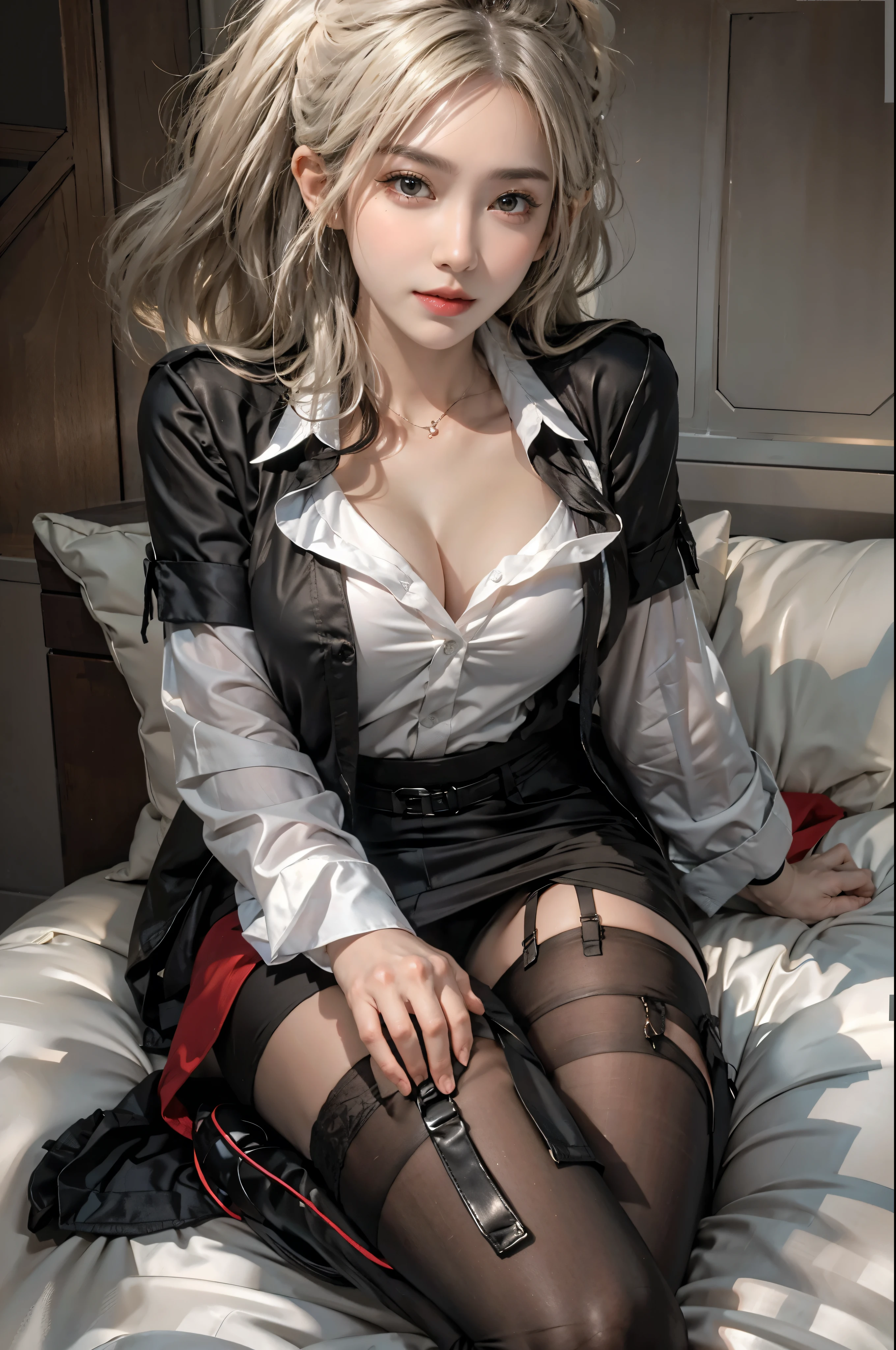 realistic, High resolution, soft light,1 female, alone, hip up, glowing skin, (detailed face),tattoo, jewelry, Secretarial Uniform, white shirt, black skirt, black stockings, garter belt, night, blonde hair, wavy hair, Beautiful Soldier, Eyes that invite the viewer, lover's perspective, an inviting look, sexy smile, perfect style, perfect balance, fine skin, naughty look, I can see your chest