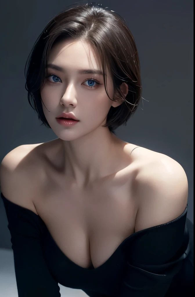 Skin Tight Black Top:1.2、look at viewer、cinematic lighting、perfect、soft light、high resolution skin:1.2、realistic skin texture、realistic face、off shoulder、exposed cleavage、blue eyes、short hair、Gray background