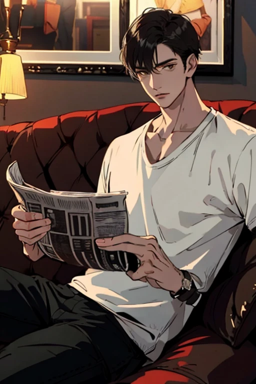 (masterpiece:1.2, best quality), (real picture, intricate details), solo, 1 male character, black hair, full body shot, shirt, casual, reading a newspaper, badboy, he is sitting in the sofa, in a cozy coffee shop, cozy place, tanned