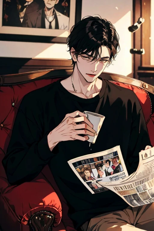 (masterpiece:1.2, best quality), (real picture, intricate details), solo, 1 male character, black hair, full body shot, shirt, casual, reading a newspaper, badboy, he is sitting in the sofa, in a cozy coffee shop, cozy place, tanned