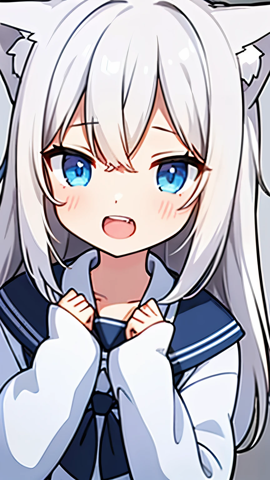 Boy, high school student, winter sailor suit, wolf cut, white hair, double teeth