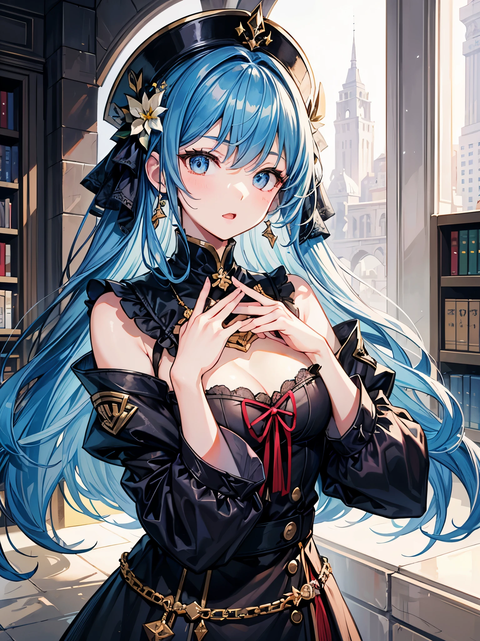 (((masterpiece、Highest image quality、highest quality、highly detailed unity 8kwallpaper)))、((Illustration of one girl、upper body))、(((beautiful girl)))、(librarian)、blue hair、(stocky build, thickset physique:1.3, broad shoulders, solid chest)、(((flat chest)))、librarian服