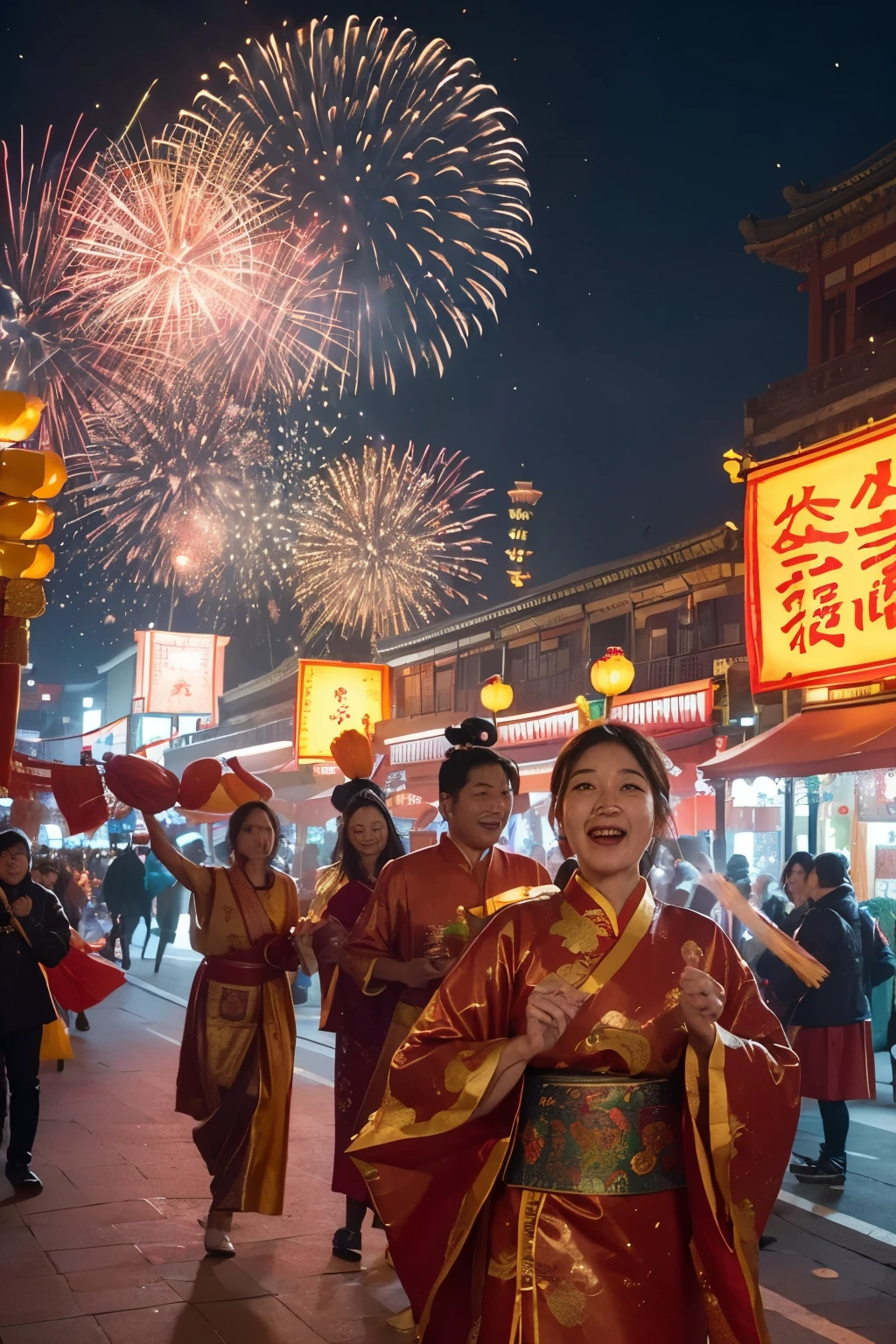 (brightly lit scene,traditional Chinese lanterns,happy celebration:red) (fireworks display,sparkling lights, colorful explosions,exciting atmosphere,joyful mood) (festive decorations,red banners,auspicious symbols,traditional ornaments) (crowded streets,bustling markets,lively atmosphere,people in traditional costumes) (children with smiling faces,delighted expressions,enthusiastic performances) (scents of delicious food,sizzling hot pot,steaming dumplings) (cheerful music,traditional drums and gongs,exciting lion dance) (evening sky full of twinkling stars,illuminated buildings and streets,happy gathering) (authentic cultural experience,rich heritage,joyful vibes) (best quality,4k,highres,realistic), (vibrant colors,rich and vivid shades,contrasting warm tones)(soft natural lighting,warm golden glow,soft shadows).