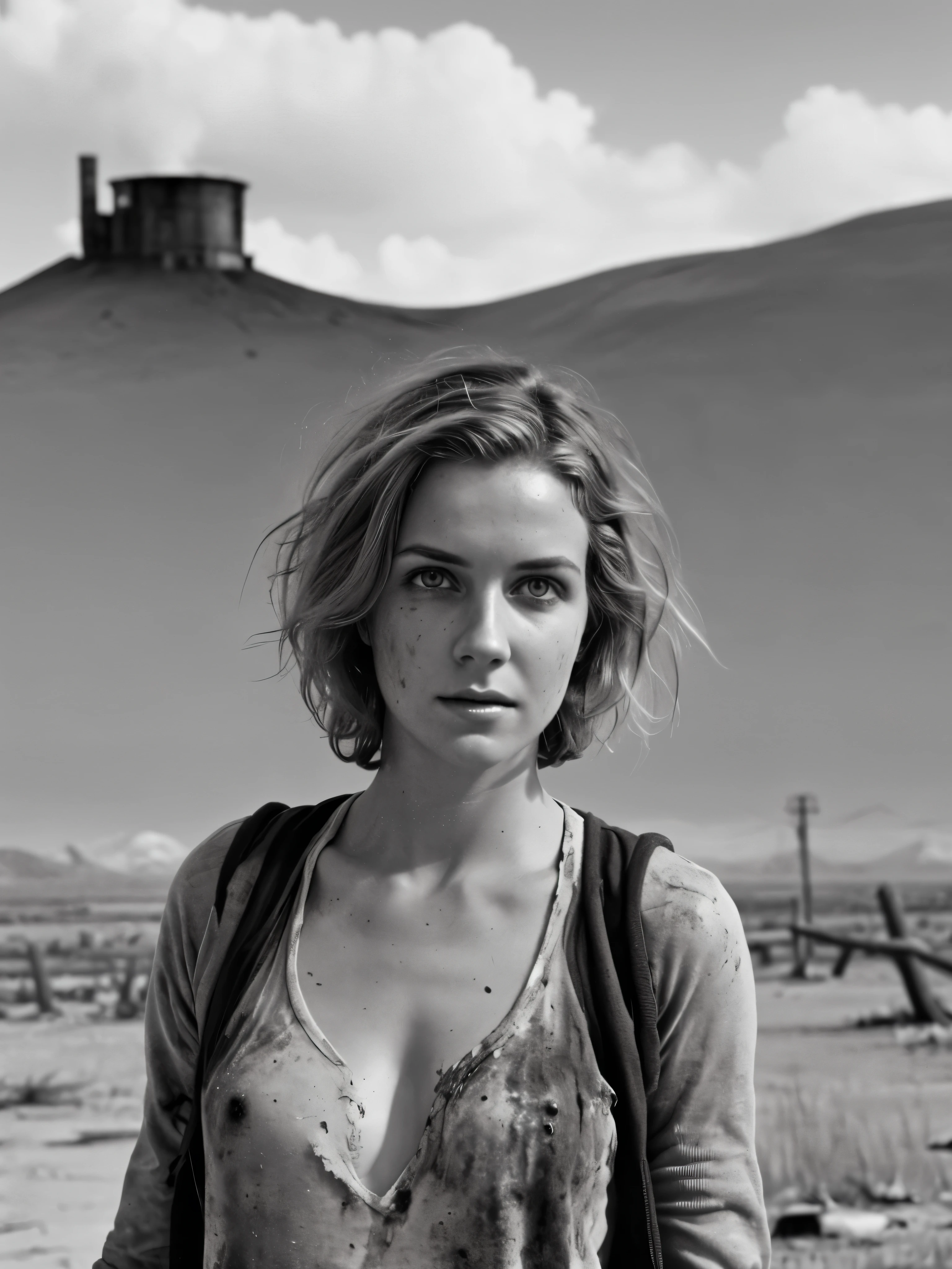 photorealistic, Masterpiece photo in shades of gray, woman with disheveled hair and tiny post-apocalyptic clothes, cute sexy, (Detailed wasteland background), ultra sharp focus, Detailed face, (((posing))), random hair color, short hair, Beautiful eyes, whole body, high quality black and white image