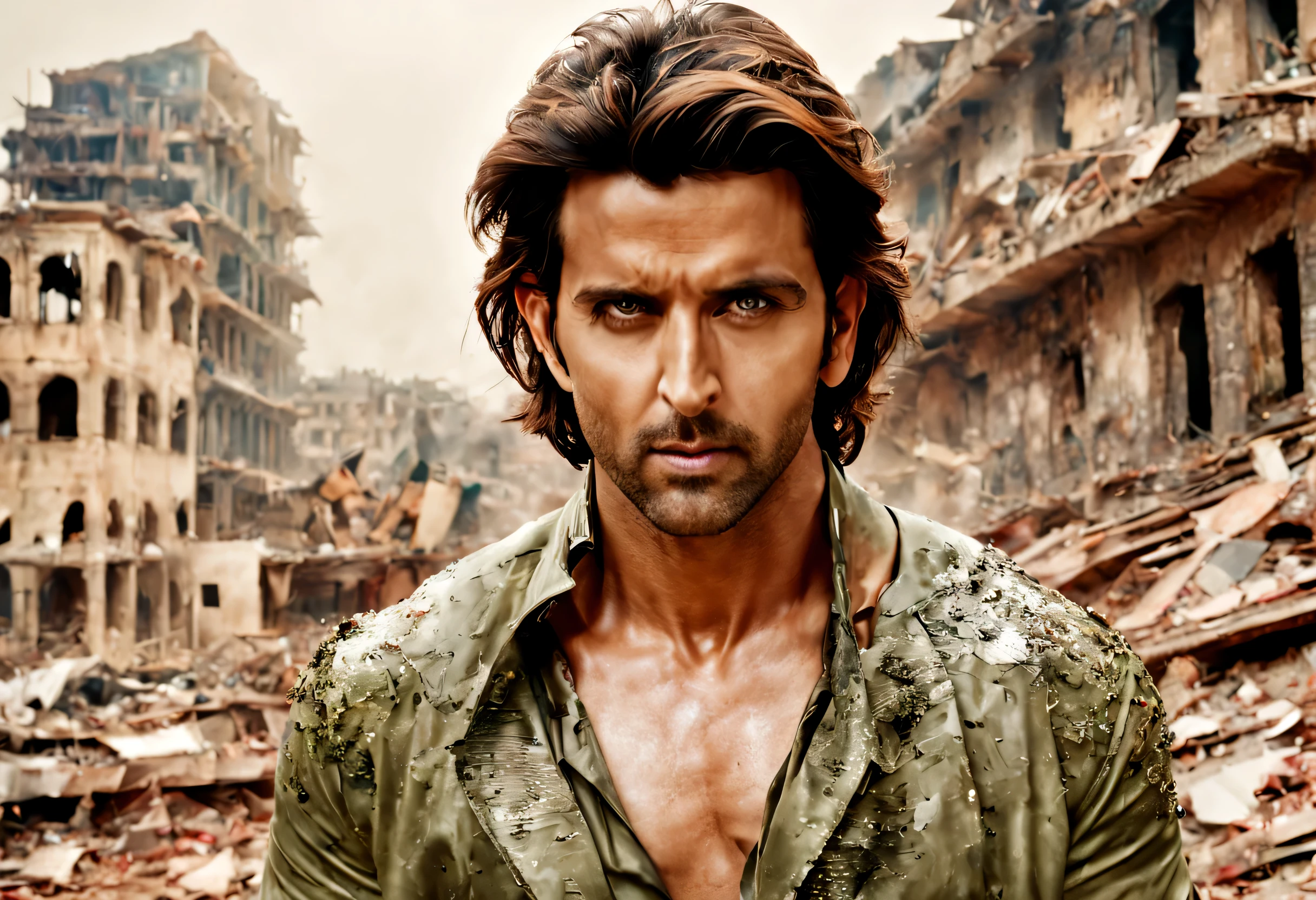 hires photo of hrithik roshan man, professional photograph, looking at viewer, realistic skin tones, background bokeh, film grain , hrithik roshan, on the battlefield, covered in wounds, bright atmosphere, collapsed buildings,