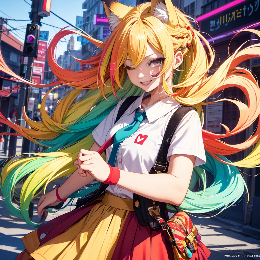 (Halftone), (Masterpiece), (Best Quality), (Official Art, Highly Detailed CG Unity 8K Wallpaper), (Perfect Anatomy), (Highly Detailed), ((Absurd)), (Best Shadows), (Perfect Anatomy), (Detailed Background), (Perfect Eyes), Inside the City, Street, Sharp Focus, Simple Background, Splattered Colors, Flashy Colors, Red and Yellow Colors Blonde anime girl, girls, solo, gal, one eye closed, red background, blonde hair, fox ears, tail, multicolored hair, bag, skirt, purple eyes, manicure, cute hair clip, striped hair , long hair, braid, shirt, hair ornament, fox tail, fox girl, smile, white shirt, shoes, open mouth, short sleeves, looking at viewer, pleated skirt, heart, COLORFULMIX, MULTICOLORED HAIR, WAVY HAIR, Pop art style, colored eyelashes, yellow eyelashes, multicolored eyes, multicolored hair, sparkling eyes, bright eyes,