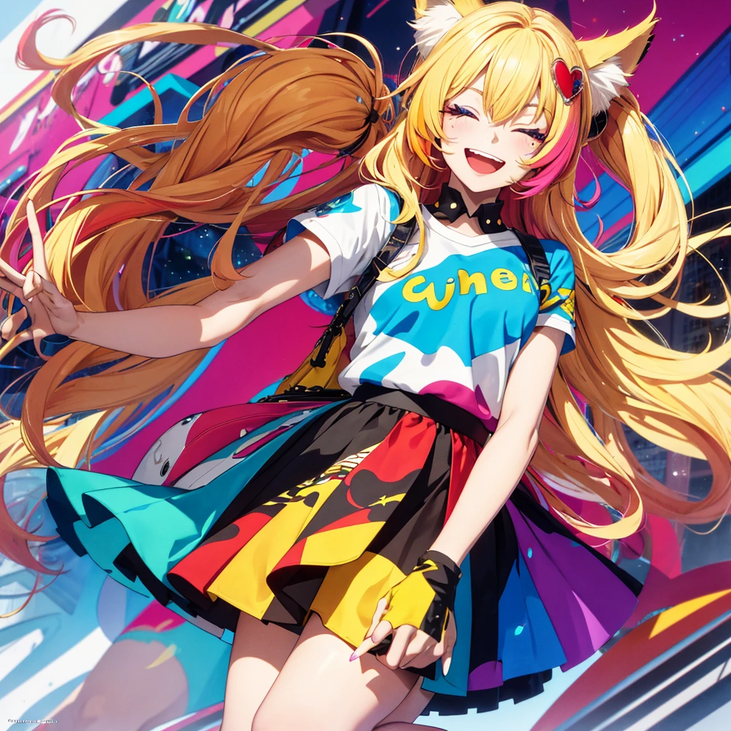 (Halftone), (Masterpiece), (Best Quality), (Official Art, Highly Detailed CG Unity 8K Wallpaper), (Perfect Anatomy), (Highly Detailed), ((Absurd)), (Best Shadows), (Perfect Anatomy), (Detailed Background), (Perfect Eyes), Inside the City, Street, Sharp Focus, Simple Background, Splattered Colors, Flashy Colors, Red and Yellow Colors Blonde anime girl, girls, solo, gal, one eye closed, red background, blonde hair, fox ears, tail, multicolored hair, bag, skirt, purple eyes, manicure, cute hair clip, striped hair , long hair, braid, shirt, hair ornament, fox tail, fox girl, smile, white shirt, shoes, open mouth, short sleeves, looking at viewer, pleated skirt, heart, COLORFULMIX, MULTICOLORED HAIR, WAVY HAIR, Pop art style, colored eyelashes, yellow eyelashes, multicolored eyes, multicolored hair, sparkling eyes, bright eyes,