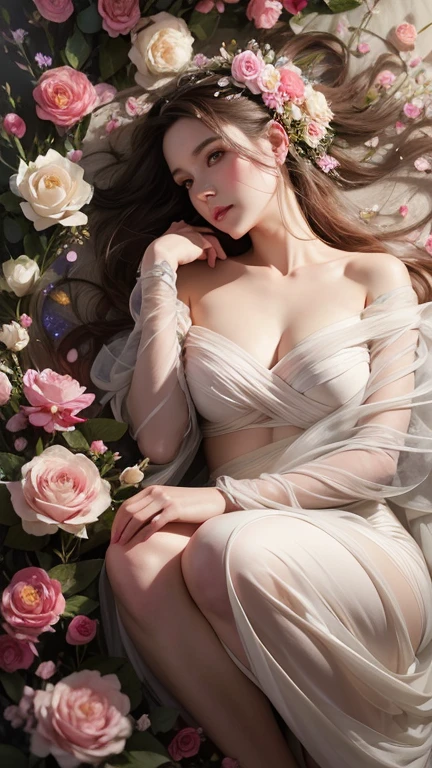  a woman surrounded by flowers, draped in velvet and flowers, loish and wlop, casey baugh and james jean, james jean and wlop, persephone in spring, wrapped in flowers, anna dittman, woman in flowers, wrapped in flowers and wired, monia merlo, jana brike art, annie stegg gerard, heather theurer