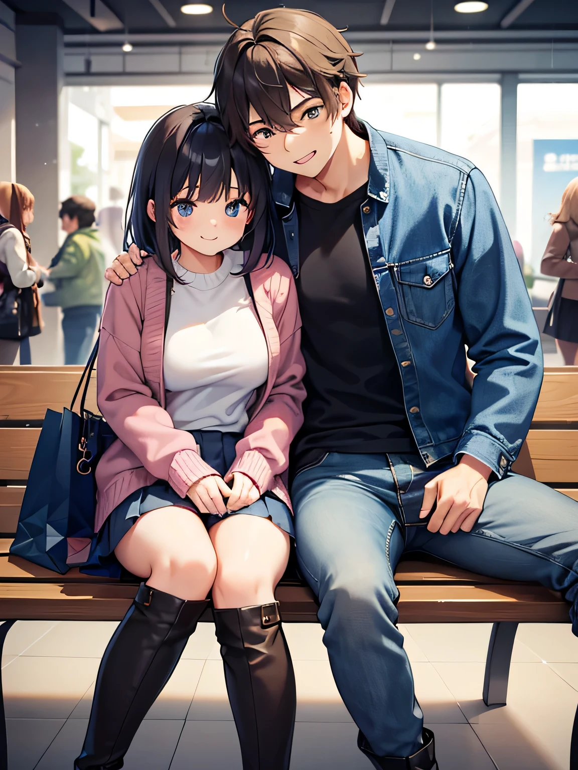 (1) A male and female couple are hugging each other.
(2) women wear sexy knitwear, pleated mini skirt and long boots.
(3) men have jackets on top、I'm wearing denim underneath.
(4) The location is a bench in a shopping mall..
(5) The two are smiling broadly.