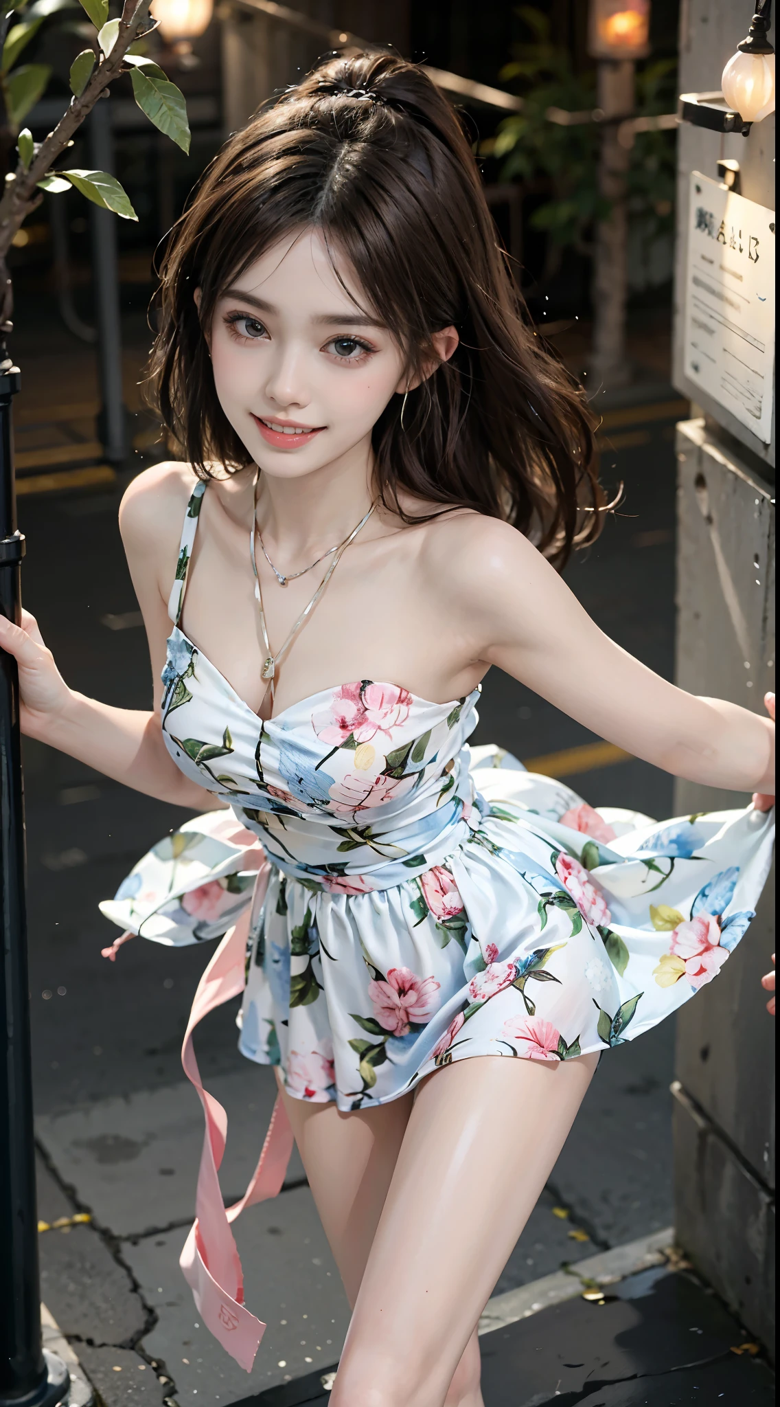 bare shoulders, dress, ((full body)), ((leaning forward)), (上身前倾, 弯腰), ((from above)), ((realistic)), 1girll, posed for photo, Outdoor scene, the night, lamplight, Stand up, Pleasing posture, Eye-catching poses, pretty legs, looking at viewert, Detailed scenes, curlies, Air bangs, Beautiful hair accessories, Brownish-yellow hair, light make-up, Blushlush, Gloss on lips, (Campus style), warm lights, a warm color palette, Detailed details, 超詳細, (tmasterpiece, best qualtiy), (An extremely delicate and beautiful work), Delicate earrings, Delicate necklace, Simple blurred background, Extreme detail description, Ultra-fine painting, Delicate face, slim toned body, Slimming the waist, (grin, happy grin, Baring teeth), (anatomy correct)