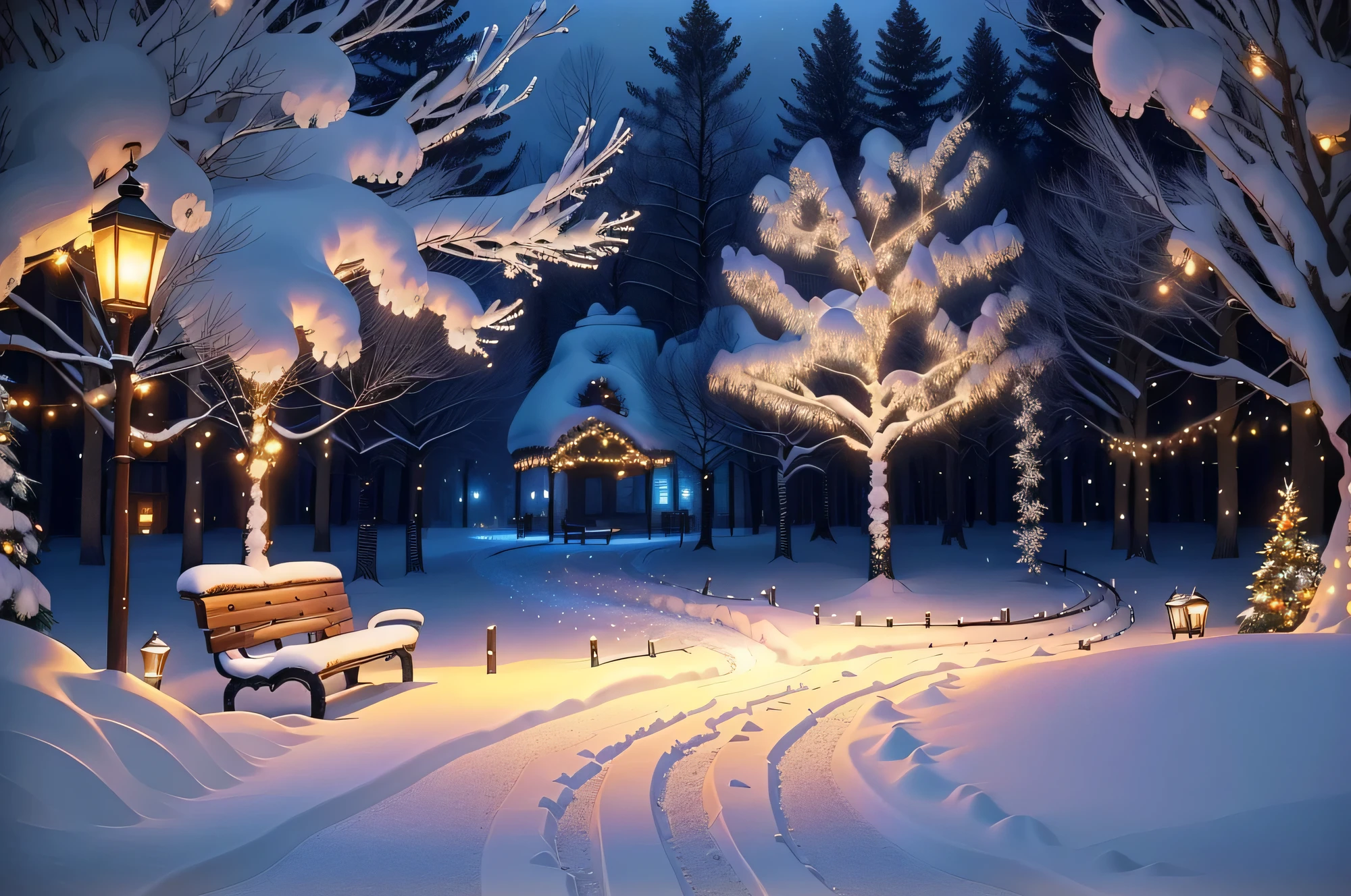 snowy path with benches and string lights in a park, snowy winter christmas night, light snowfall, cozy lights, winter setting, beautiful winter area, snowy night, snowfall at night, snowy winter scene, winter scene fantasy, winter wonderland, cosy enchanted scene, winter night, fairy lights, snowy winter, winter atmosphere, perfect lighting in a snow storm, glowing snow, cozy setting