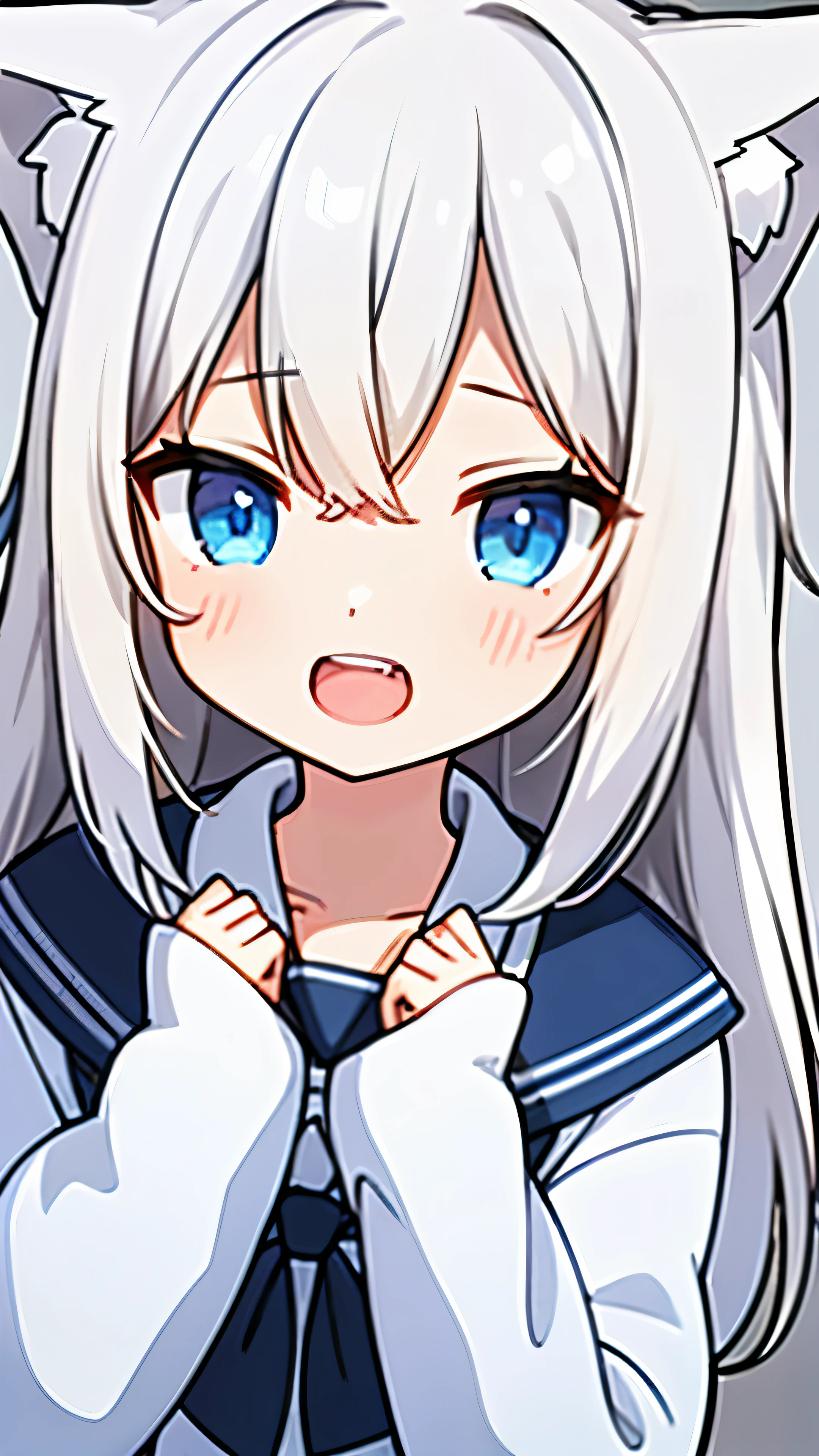 boy, high school student, Winter sailor suit, wolf cut, gray hair, double teeth