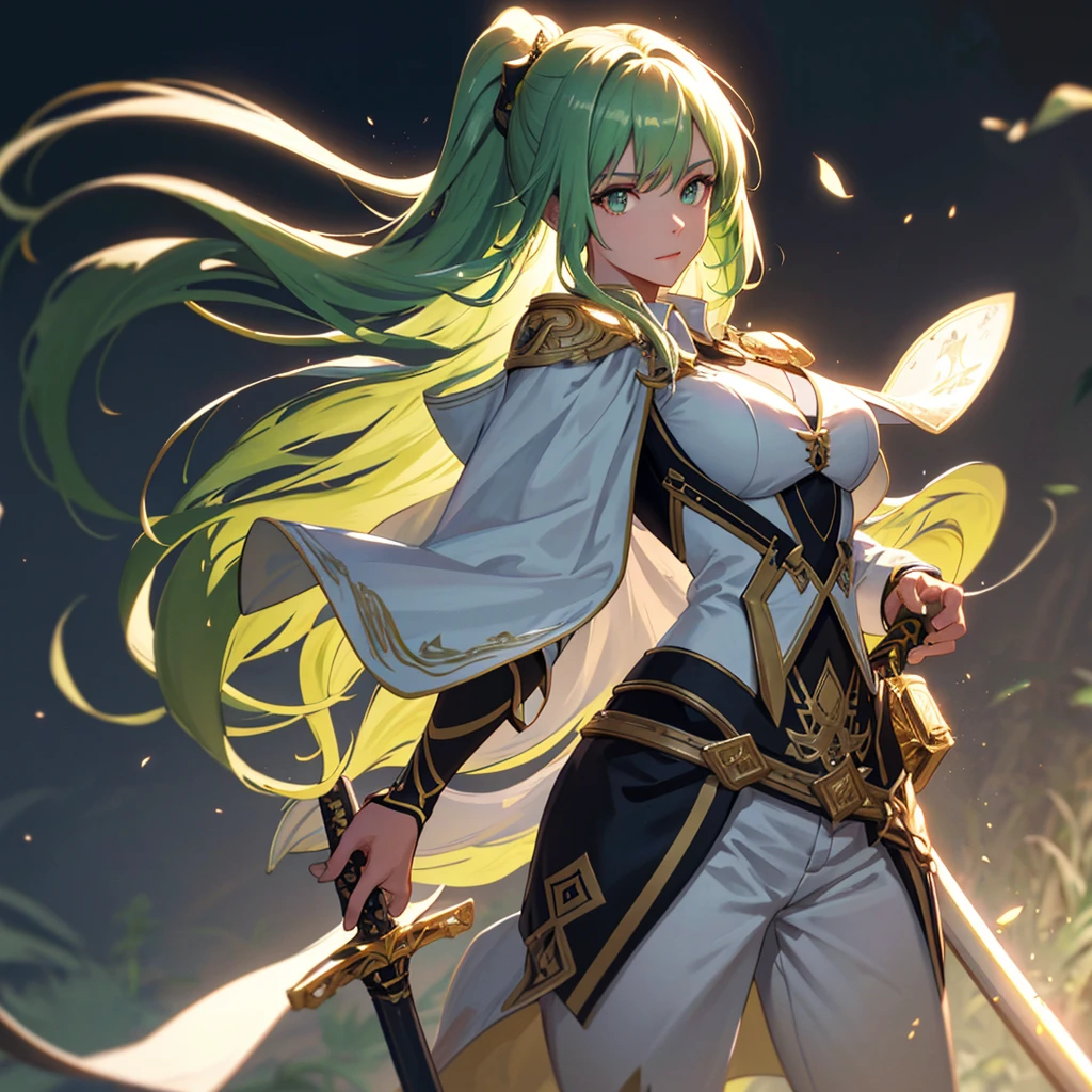 Very beautiful young woman, subtle makeup, golden hour, realistic, high contrast, 8K HD, be familiar with, hyper-be familiar with, realistic skin texture, long green hair, big breasts, highest quality, ultra high resolution, RAW photo, dramatic lighting, unreal engine, Diffusion Glow Complex Silver Airba, White Imperial Cape, gun, sword, Without rudder