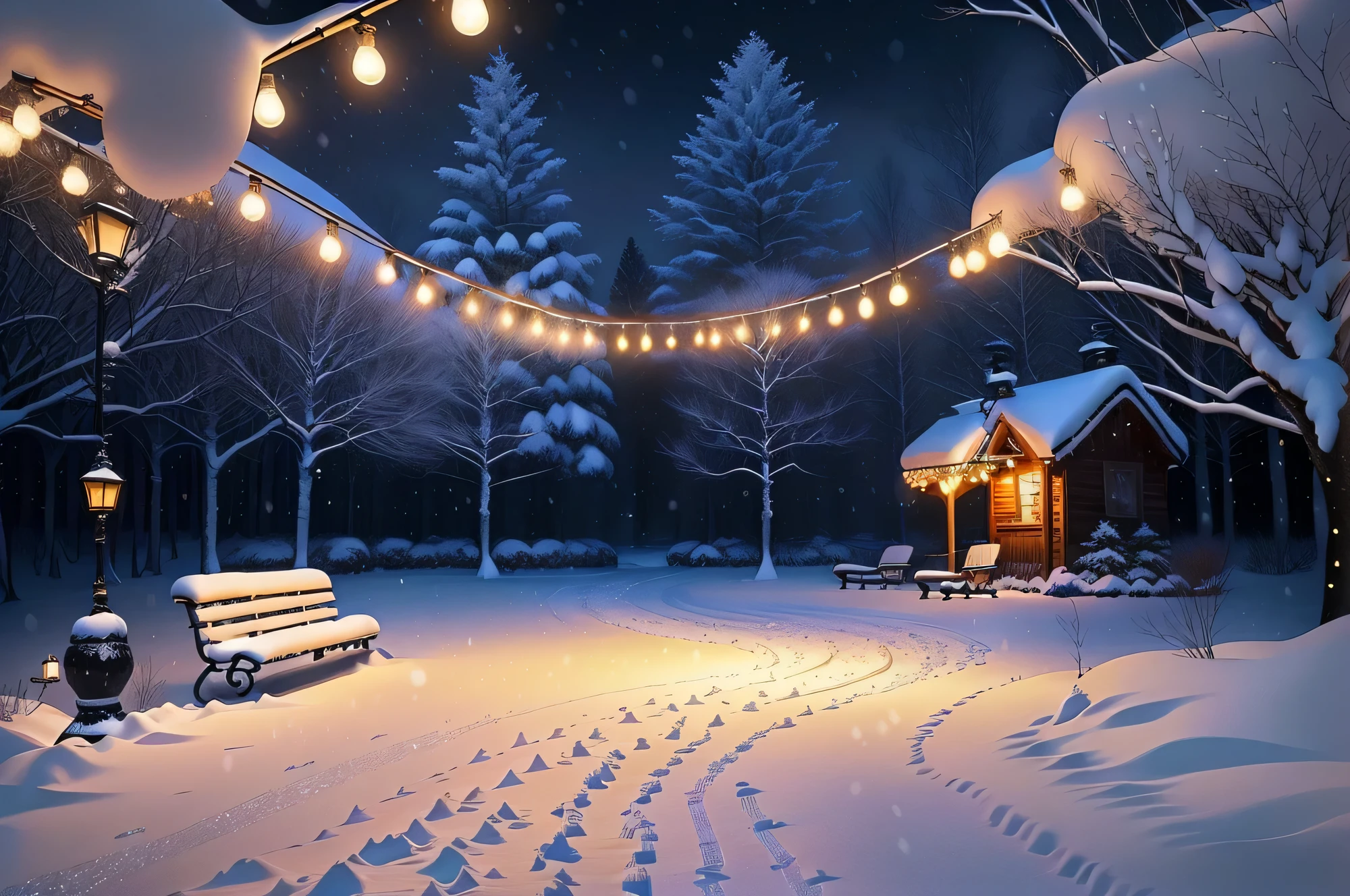 snowy path with benches and string lights in a park, snowy winter christmas night, light snowfall, cozy lights, winter setting, beautiful winter area, snowy night, snowfall at night, snowy winter scene, winter scene fantasy, winter wonderland, cosy enchanted scene, winter night, fairy lights, snowy winter, winter atmosphere, perfect lighting in a snow storm, glowing snow, cozy setting