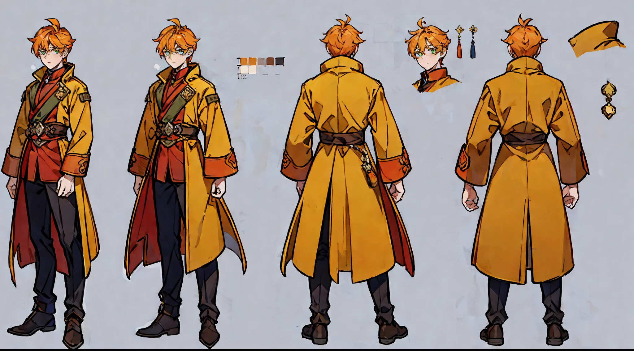 ((masterpiece)),(((best quality))),(character design sheet,same character,front,side,back), 1boy, solo, orange hair with spike, green eyes, masterpiece, best quality, looking at around, full body, 180cm tall, detailed, yellow coat outfit, chinese yellow coat, red cloak, charturnbetalora, concept art, character concept art, character sketch, reference sheet, character sheet, (simple background, white background: 1.3)