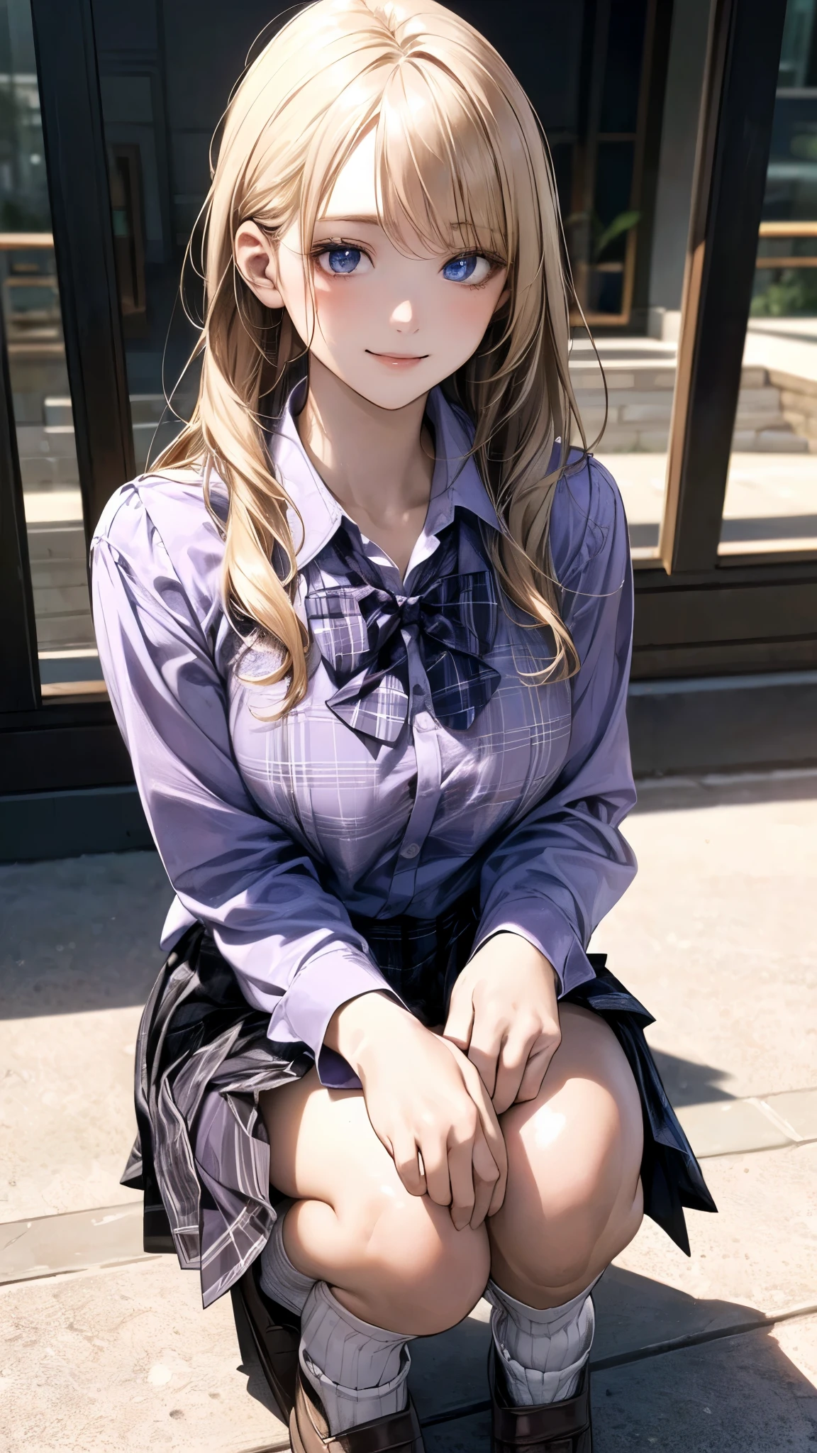 (masterpiece:1.2, top-quality), (realistic, photorealistic:1.4), beautiful illustration, (natural side lighting, movie lighting), nsfw,
looking at viewer, cowboy shot, front view:0.6, 1 girl, japanese, high school girl, perfect face, cute and symmetrical face, shiny skin,
(middle hair:1.6, straight hair:1.2, long sidelocks, blonde hair), parted bangs, blue eyes, long eye lasher, (large breasts:1.1, seductive thighs),
beautiful hair, beautiful face, beautiful detailed eyes, beautiful clavicle, beautiful body, beautiful chest, beautiful thigh, beautiful legs,
((detailed cloth texture, long sleeves white collared shirts, light purple plaid pleated skirt, light purple plaid bow tie, socks)),
(beautiful scenery), evening, riverside, squatting, (lovely smile, upper eyes),