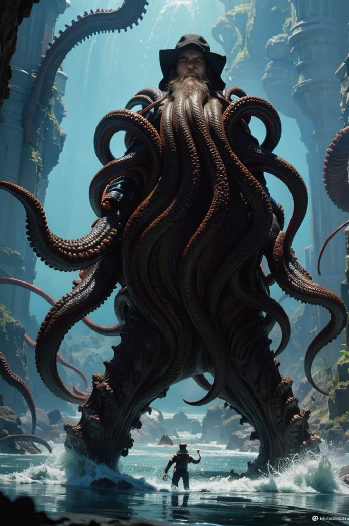 arafed image of a man standing in front of a giant octopus, cthulhu rising from the ocean, gigantic cthulhu, giant cthulhu, photo of cthulhu, cthulhu squid, dan mumford tom bagshaw, dan mumford. octane render, call of cthulhu, dan mumford. concept art, leviathan cthulhu squid, cthulhu, inspired by lovecraft, lovecraftian horror