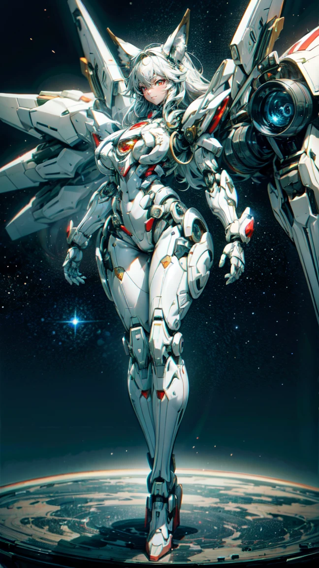 A beautiful mechanical girl，fox ears，Machine girl，There are huge white mechanical wings on the back，tall，Perfect mechanical body，Intricate white mechanical bodysuit，sense of the future，science fiction style，（White mechanical body：1.3），White robotic arm，Red manipulator，Mechanical neck，Mechanical details，金属luster，Mechanical chest，Plump breasts，Plump buttocks，High heel，sexy，grace，Temperament，long white hair，red eyes，finely quality eyes，beautiful face，Smile，luster，（full body portrait：1.5），stand，hands on hips，perfect details，Ray tracing，8K，highest resolution，work，highest quality，Science fiction works，Character focus，Beautiful universe，Shining Milky Way，Starlight，Detailed background portrayal，Exquisite illustrations，exquisite CG