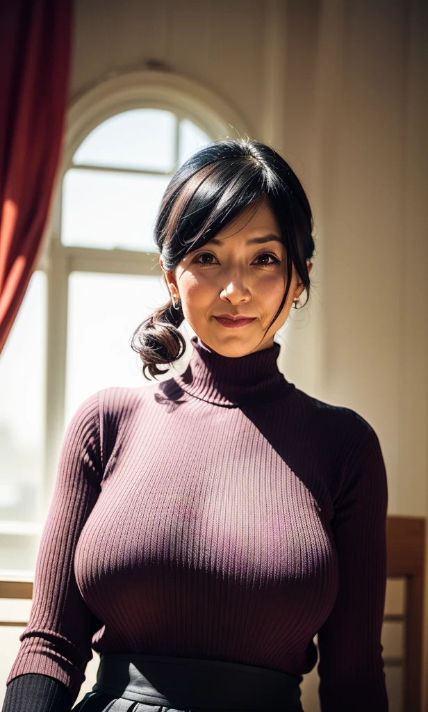 ​(masterpiece, highest quality), japanese mature, (alone), 60 years old, (wrinkles around the eyes:1.45), , mature woman, Glamour, , pure white skin, looking at the viewer、(super :1.28)、(Wavy Longhair)、small diamond necklace、earrings、(((Detailed white knit turtleneck sweater, Nova plaid pleated skirt, black knee high socks)))、short boots、smile、Public place、cross your legs、sit on a chair、full body photo、