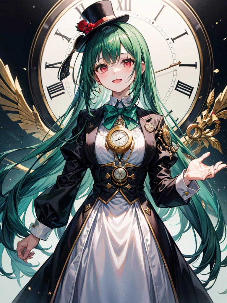 (((masterpiece、Highest image quality、highest quality、highly detailed unity 8kwallpaper)))、((Illustration of one girl、upper body))、(((beautiful girl)))、(librarian)、(Emerald green hair、sidelocks:1.2、red eyes)、(((crazy smile)))、monocle、pocket watch、(((Black top hat、tuxedo)))、grand library