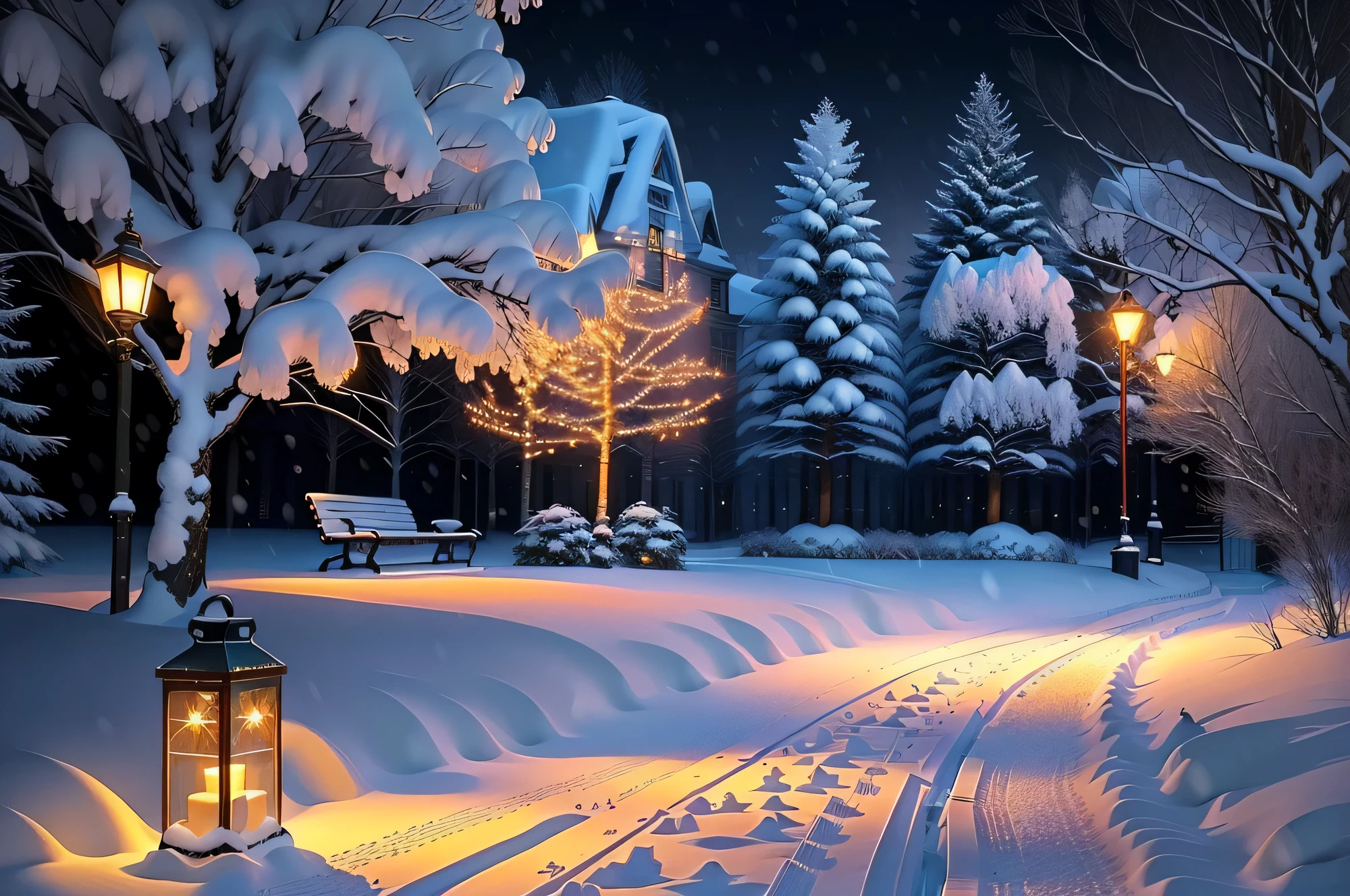 snowy path with benches and string lights in a park, snowy winter christmas night, light snowfall, cozy lights, winter setting, beautiful winter area, snowy night, snowfall at night, snowy winter scene, winter scene fantasy, winter wonderland, cosy enchanted scene, winter night, fairy lights, snowy winter, winter atmosphere, perfect lighting in a snow storm, glowing snow, cozy setting