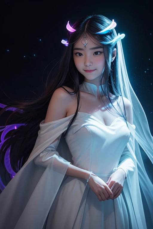 masterpiece, best quality, julia fe, 1girl, solo, long hair, looking at viewer, blush, smile, negative space, (bioluminescence:1.2), darkness, dark background, long sleeves, dress, bare shoulders, medium breasts, very long hair, wide sleeves, cape, white dress, circlet
