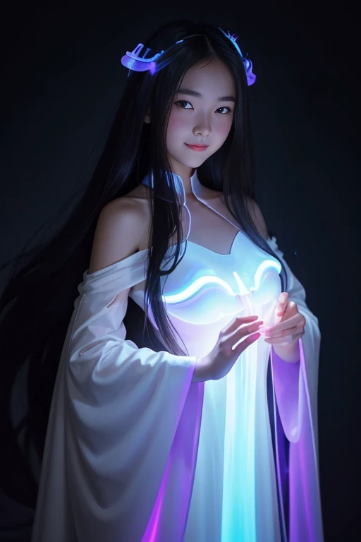 masterpiece, best quality, julia fe,  1girl, solo, long hair, looking at viewer, blush, smile, negative space, (bioluminescence:1.2), darkness, dark background, long sleeves, dress, bare shoulders, medium breasts, very long hair, wide sleeves, cape, white dress, circlet