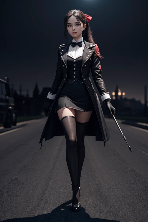 photo of edelgard_academy, hair ribbon, black jacket, black dress, ascot, red pantyhose, white gloves, high heels, walking on battlefield, moonligth, full moon, young, , (skinny), small , petite, 1 girl, (((3d, video game))),masterpiece, best quality, intricate details, 8k uhd, perfect face, perfect eyes